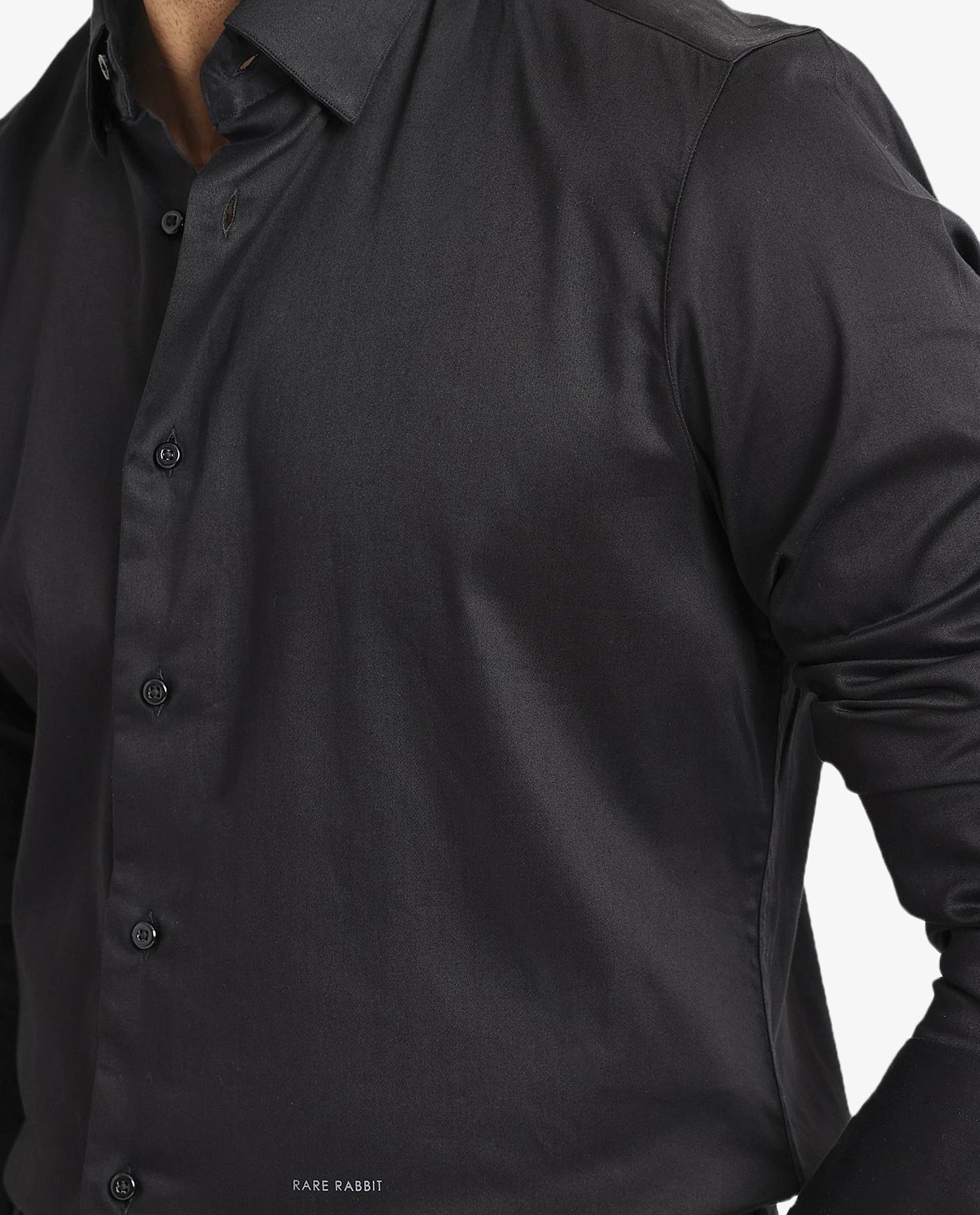 Rare Rabbit Men's Como Black Satin Fabric Button Down Collar Full Sleeves Solid Formal Shirt