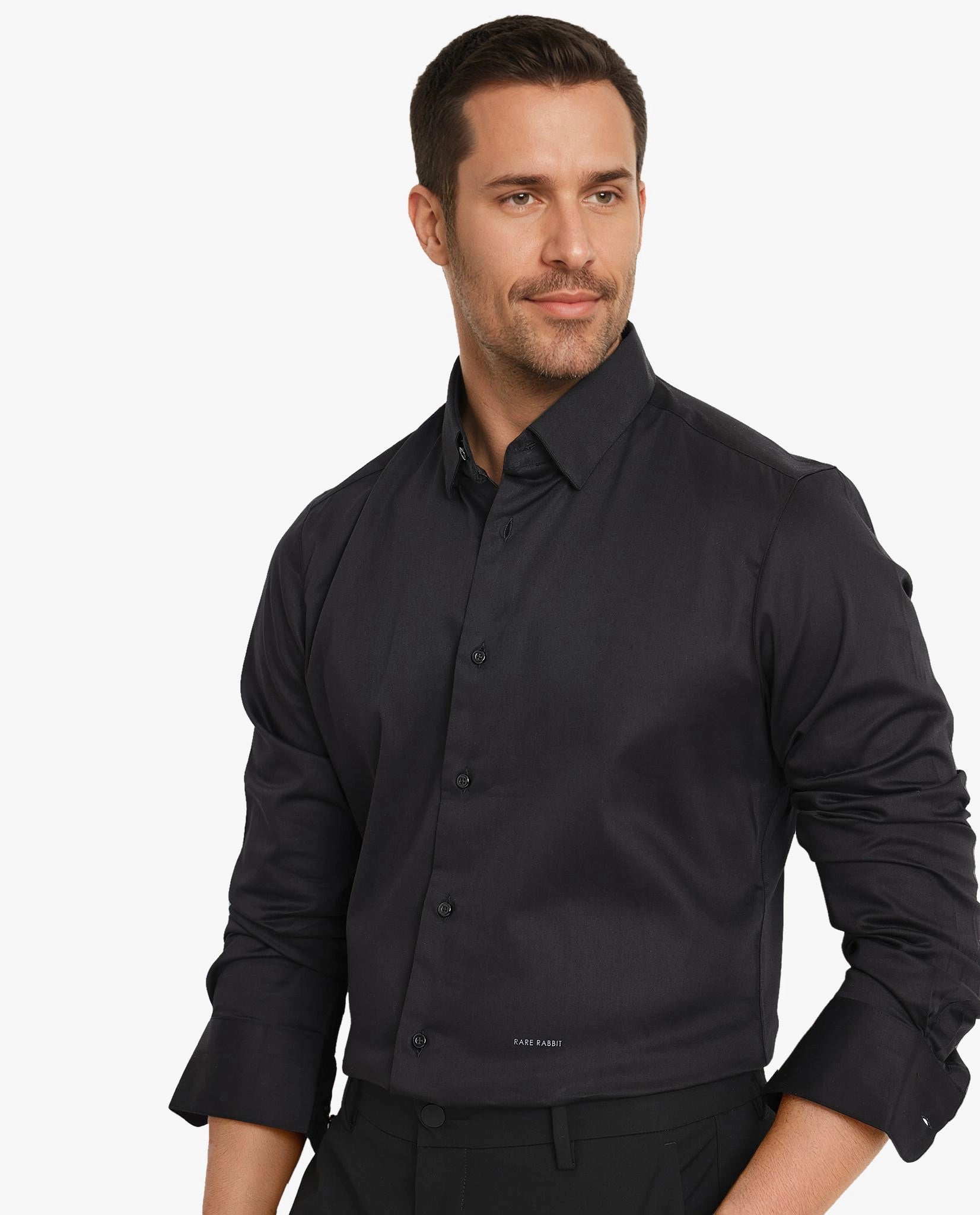 Rare Rabbit Men's Como Black Satin Fabric Button Down Collar Full Sleeves Solid Formal Shirt