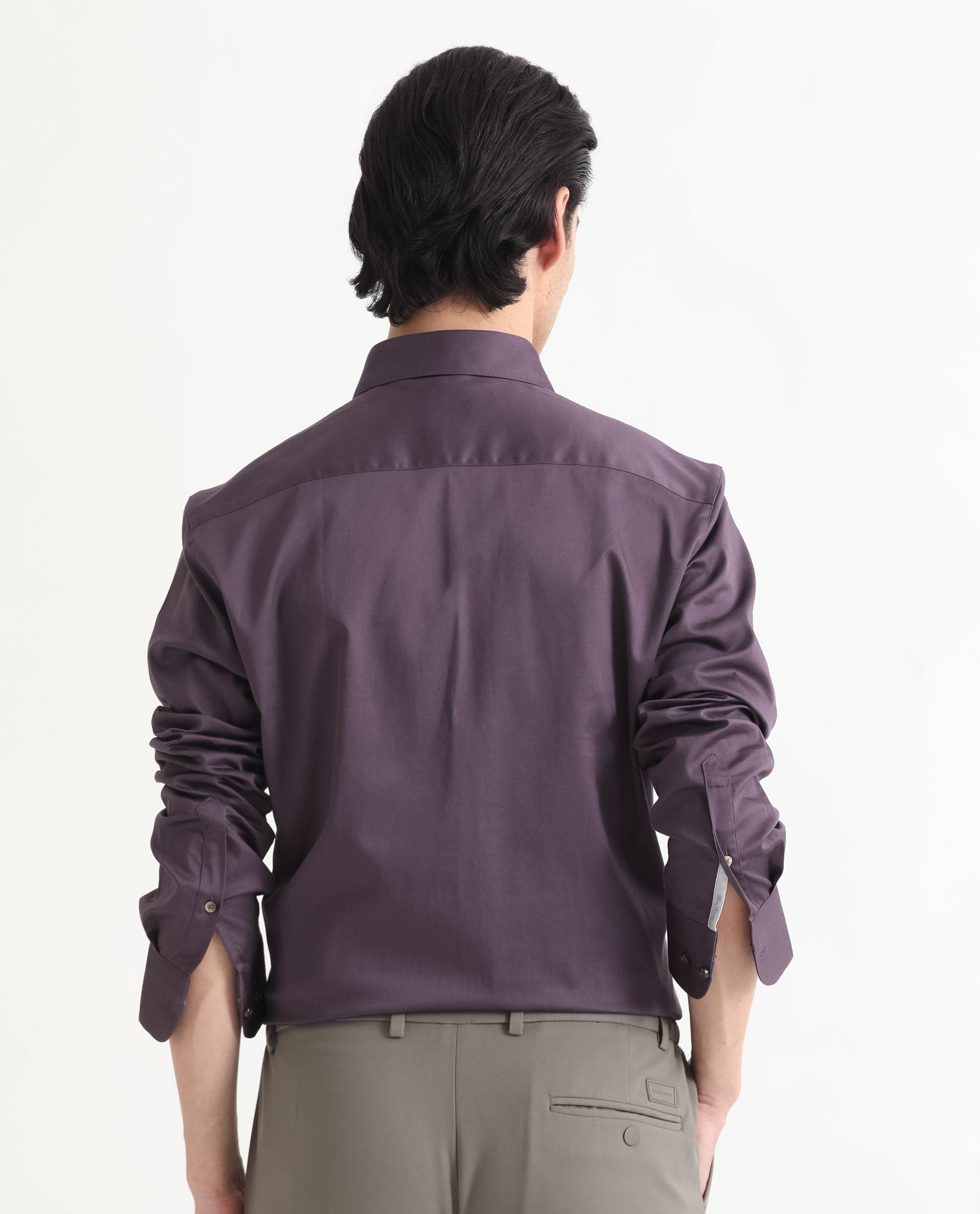Rare Rabbit Men's Comor Dark Purple Satin Fabric Full Sleeves Solid Shirt