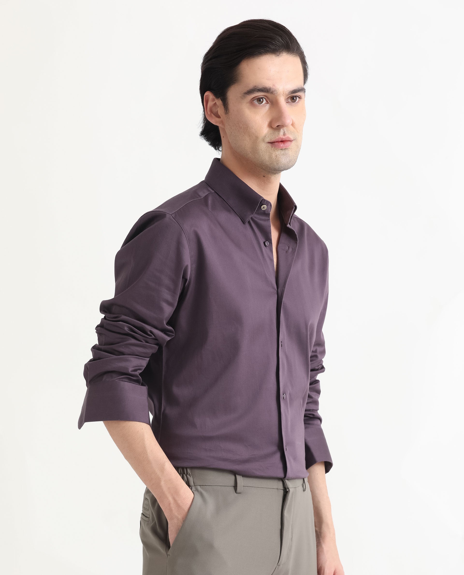 Rare Rabbit Men's Comor Dark Purple Satin Fabric Full Sleeves Solid Shirt