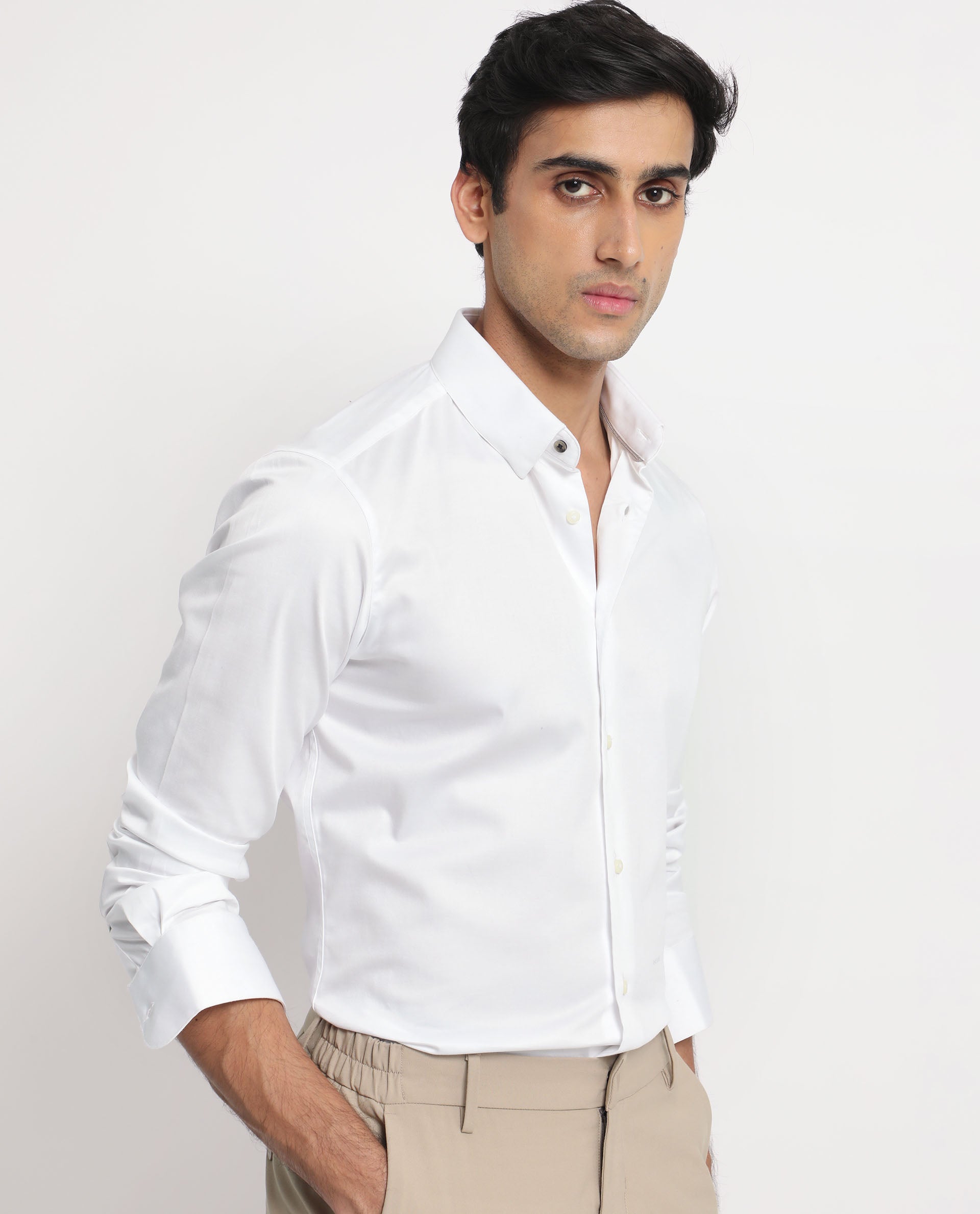 Rare Rabbit Men's Comor White Satin Fabric Full Sleeves Solid Shirt