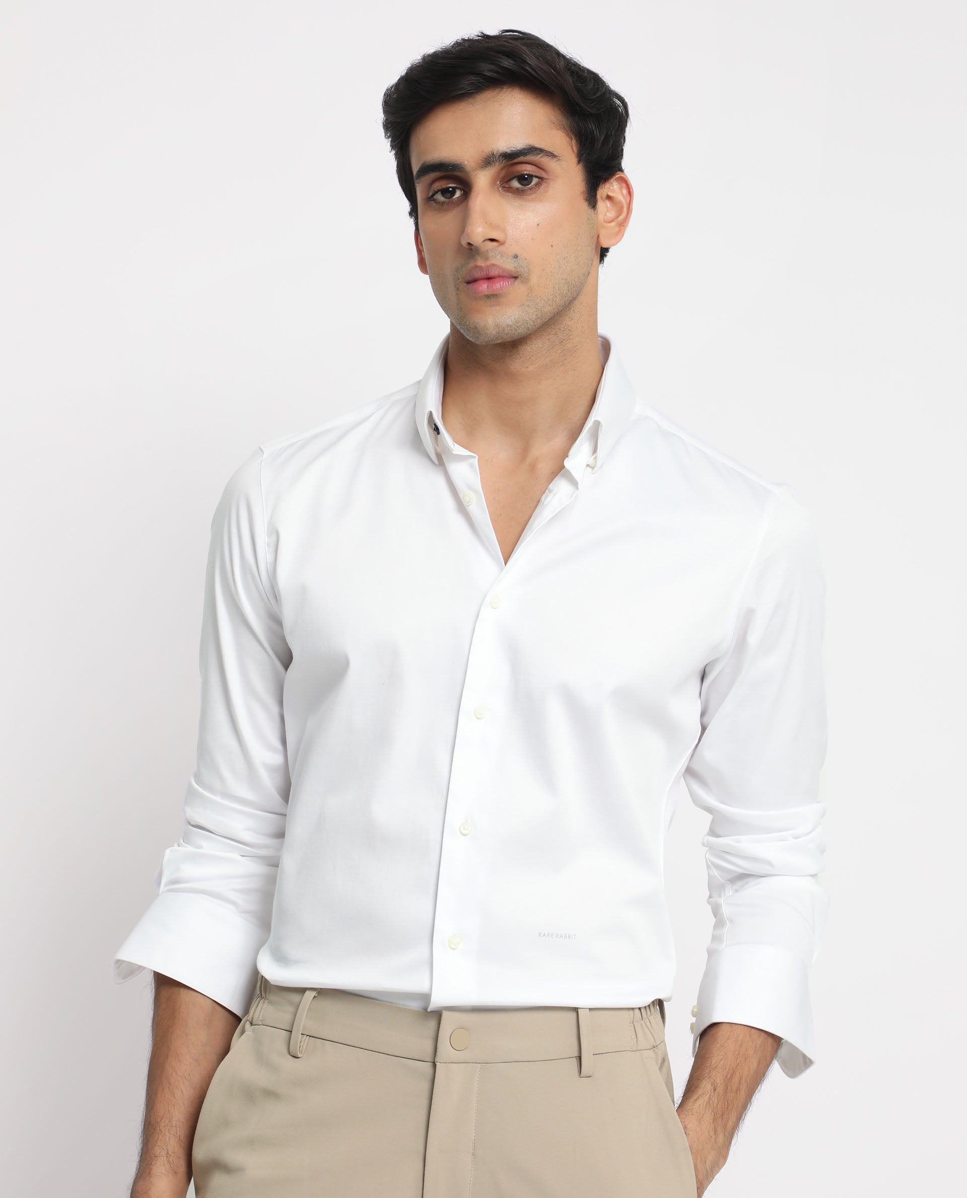 Rare Rabbit Men's Comor White Satin Fabric Full Sleeves Solid Shirt