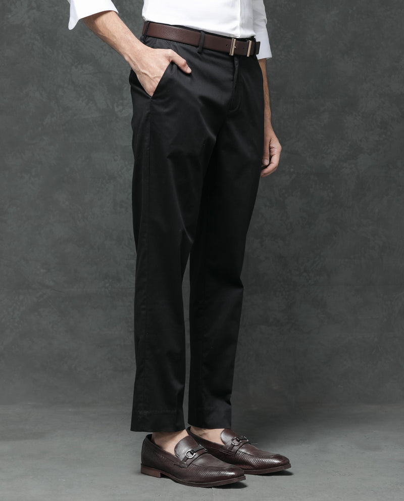 Rare Rabbit Mens Comotel Black Cotton Linen Satin Stretch Regular Fit Mid Rise Solid Trousers