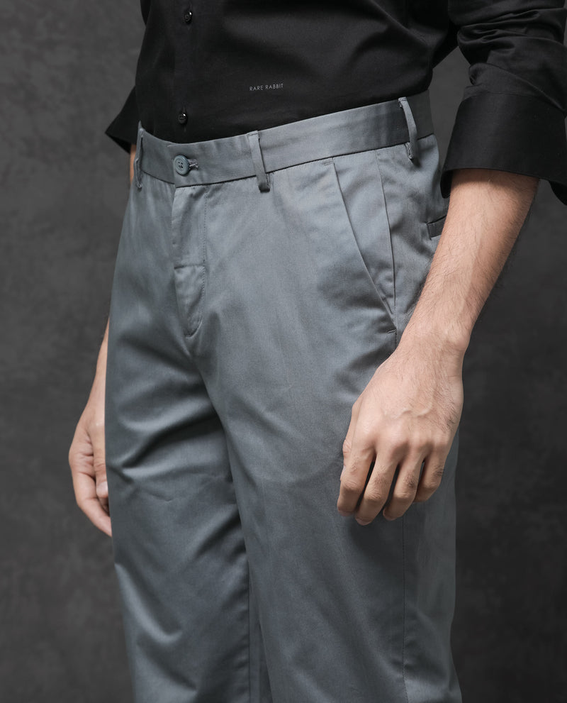 Rare Rabbit Mens Comotel Grey Cotton Linen Satin Stretch Regular Fit Mid Rise Solid Trousers