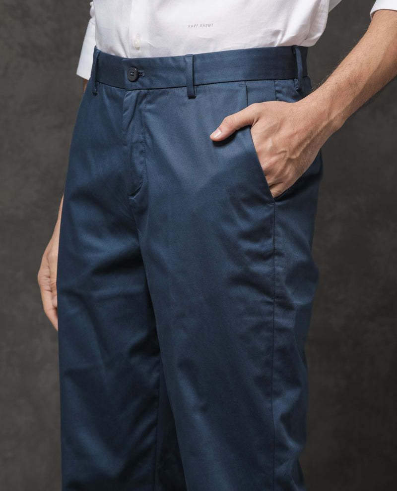 Rare Rabbit Mens Comotel Teal Cotton Linen Satin Stretch Regular Fit Mid Rise Solid Trousers