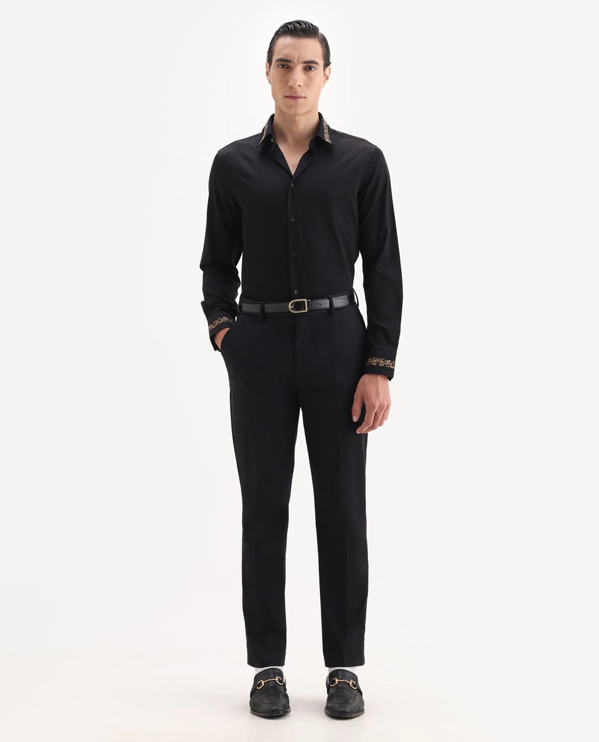 Rare Rabbit Men's Comotel Black Cotton Blend Plain Regular Fit Trouser