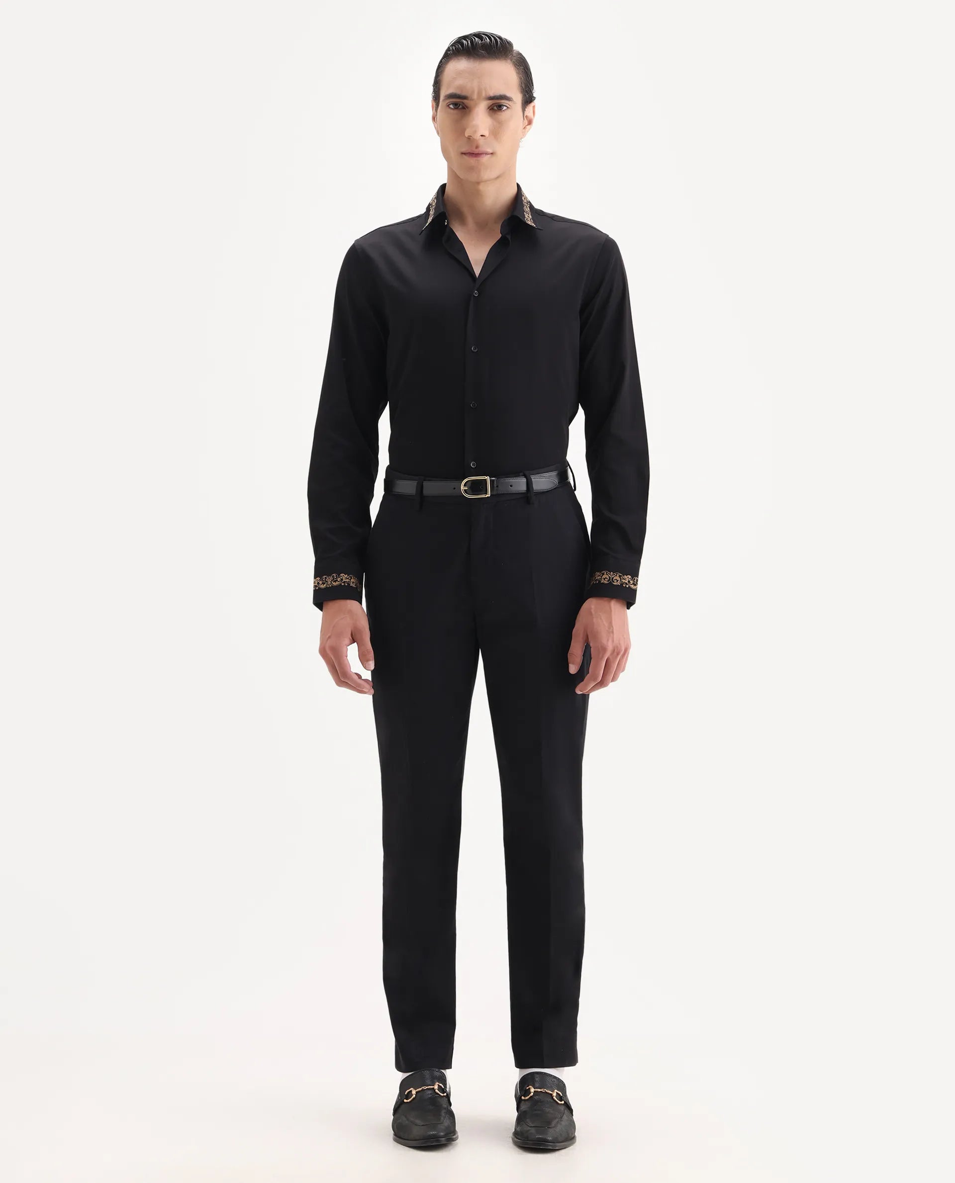 Rare Rabbit Men's Comotel Black Cotton Blend Plain Regular Fit Trouser