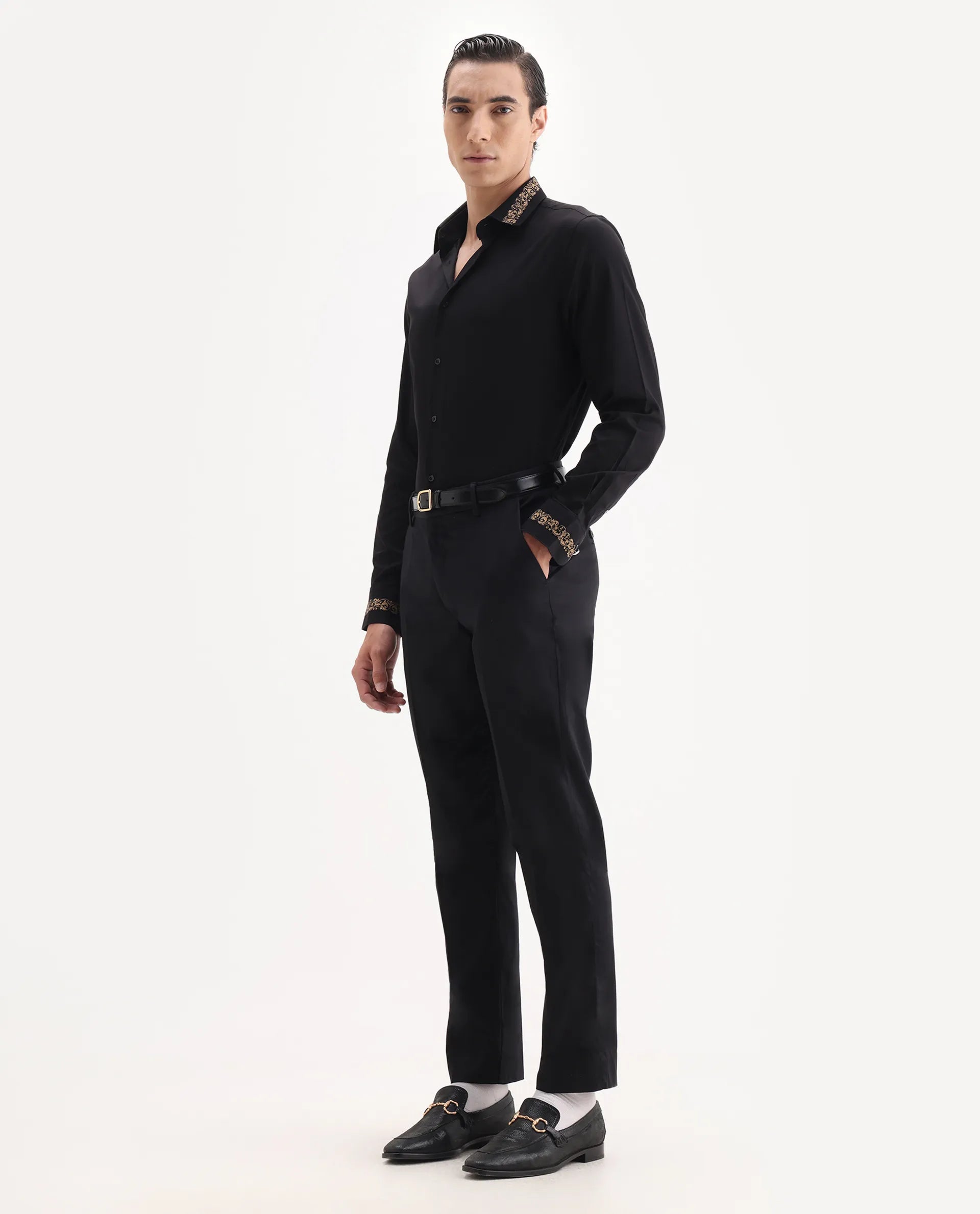 Rare Rabbit Men's Comotel Black Cotton Blend Plain Regular Fit Trouser