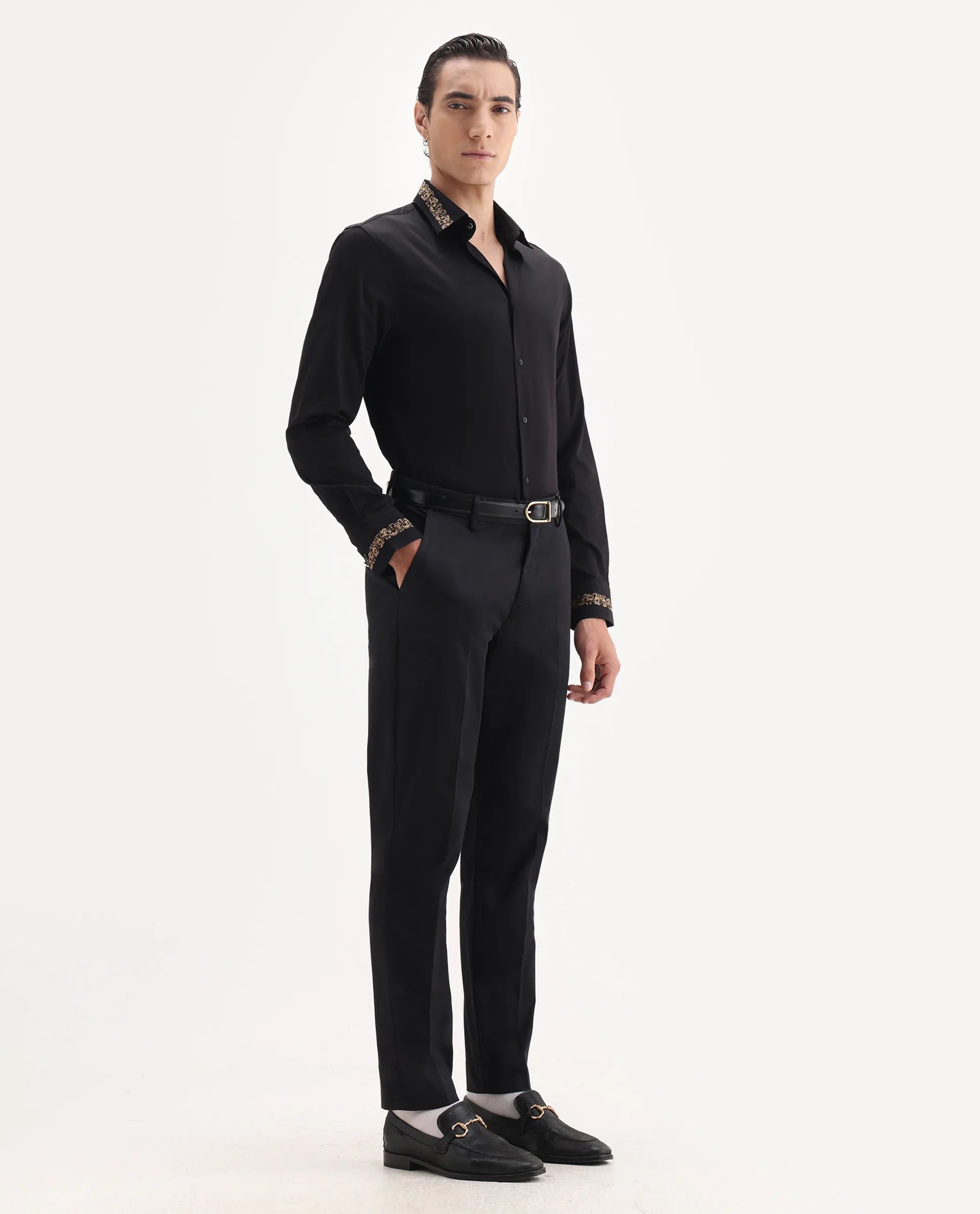 Rare Rabbit Men's Comotel Black Cotton Blend Plain Regular Fit Trouser