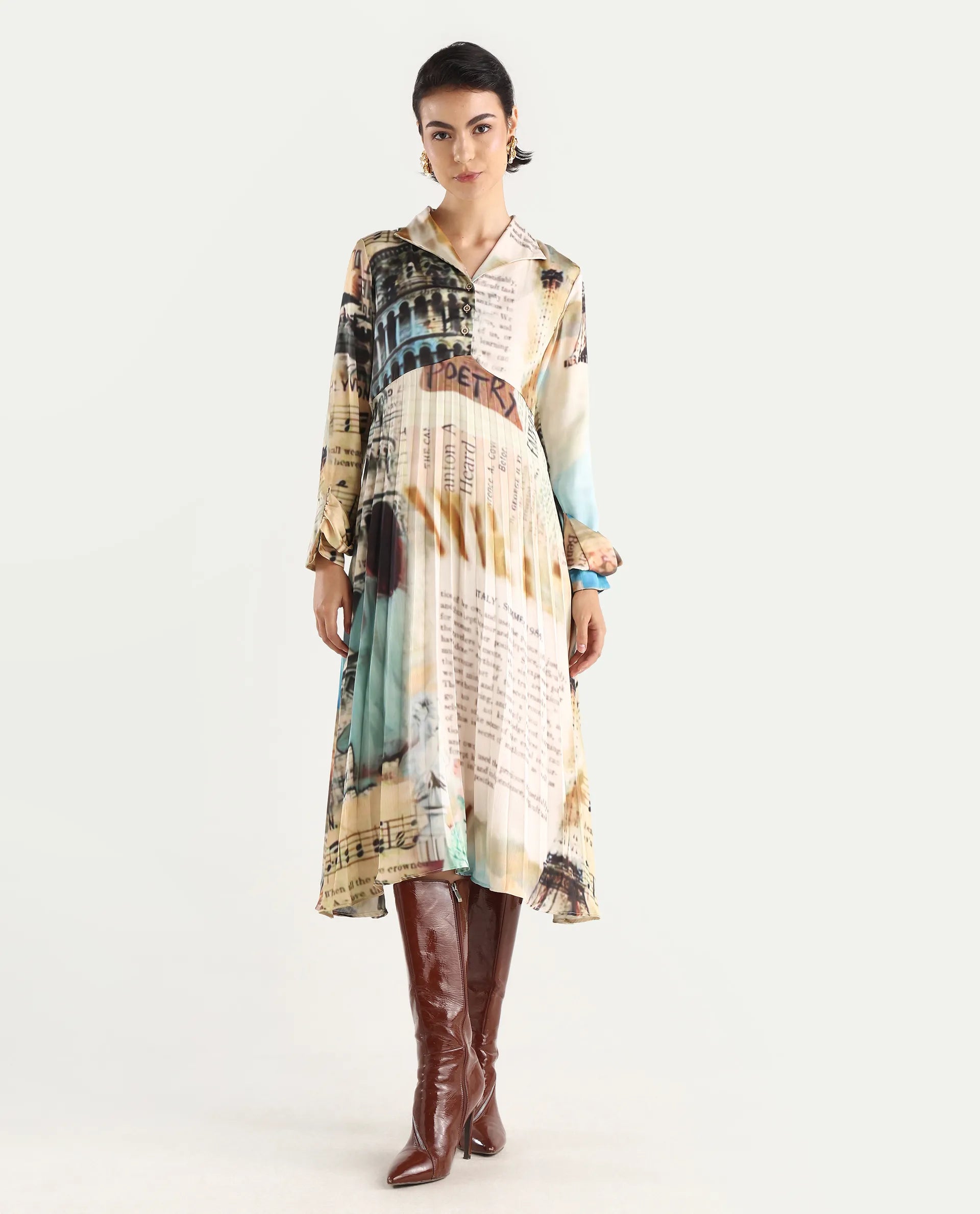 Rareism Women's Comros Multi Satin Drop Collar Abstract Print Cuffed Sleeve Maxi Flared Dress