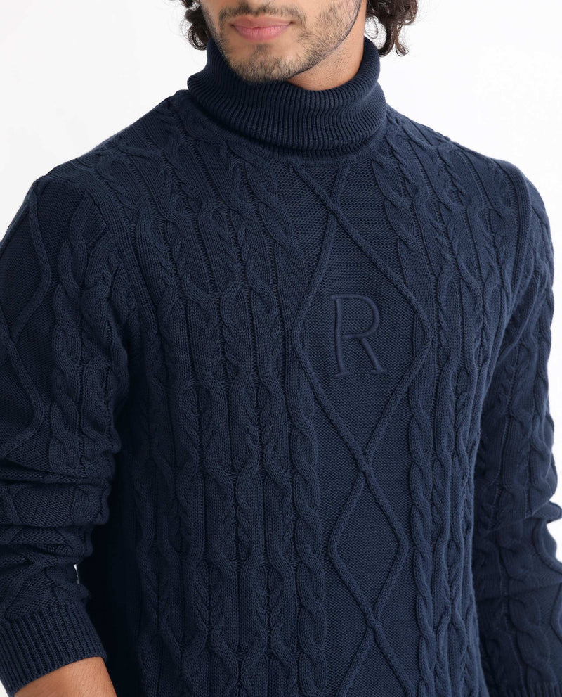 RARE RABBIT MENS CONG NAVY SWEATER COTTON FABRIC HIGH NECK KNITTED FULL SLEEVES COMFORTABLE FIT