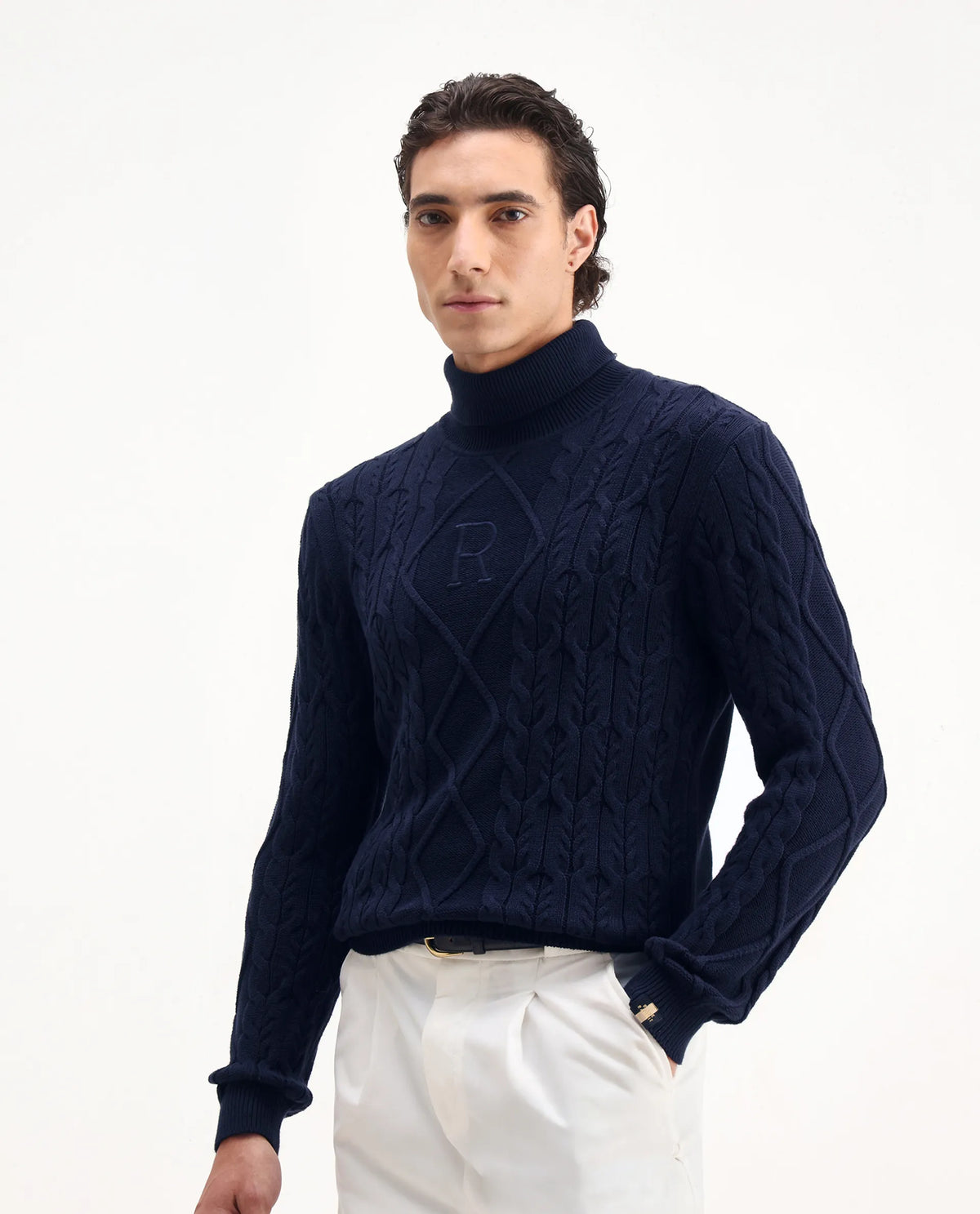 Rare Rabbit Men's Cong Navy Cotton Embroidered Relaxed Fit Full Sleeve Turtle Neck Sweater