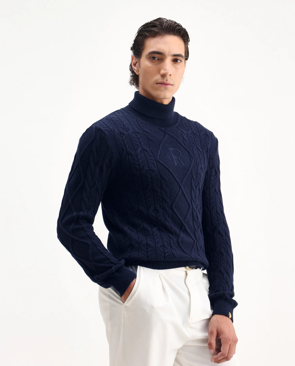 Rare Rabbit Men's Cong Navy Cotton Embroidered Relaxed Fit Full Sleeve Turtle Neck Sweater