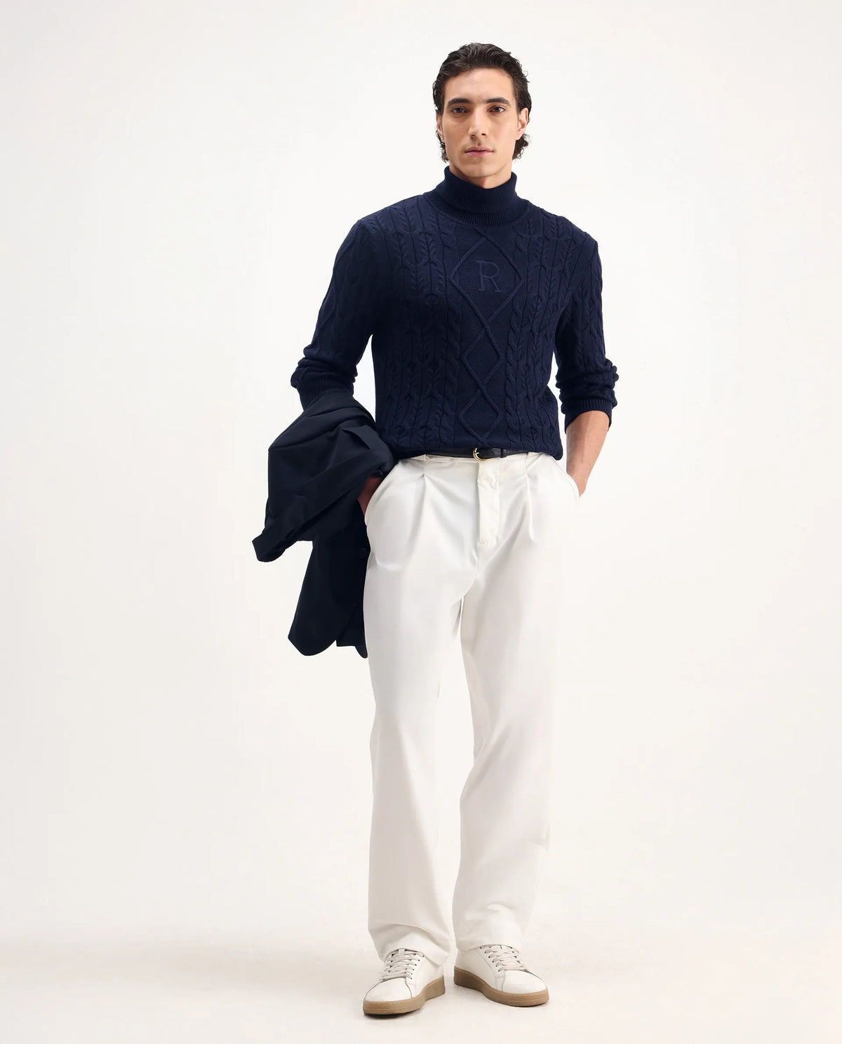 Rare Rabbit Men's Cong Navy Cotton Embroidered Relaxed Fit Full Sleeve Turtle Neck Sweater