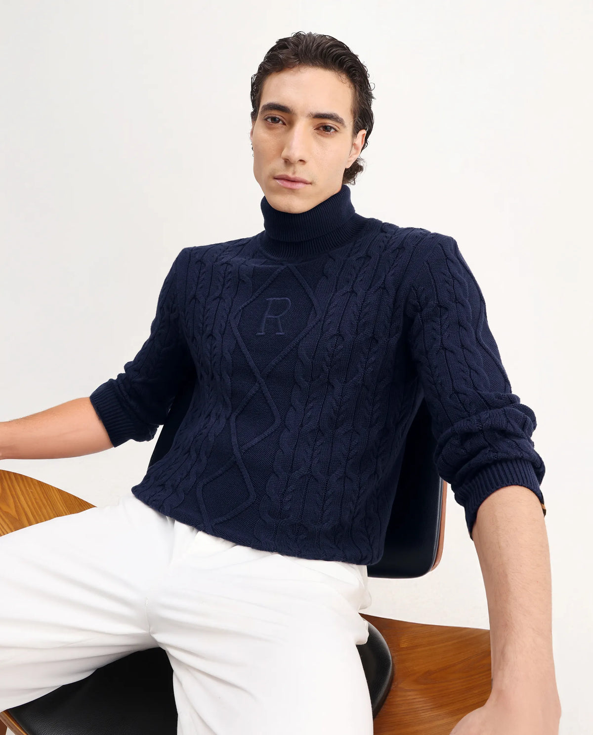 Rare Rabbit Men's Cong Navy Cotton Embroidered Relaxed Fit Full Sleeve Turtle Neck Sweater