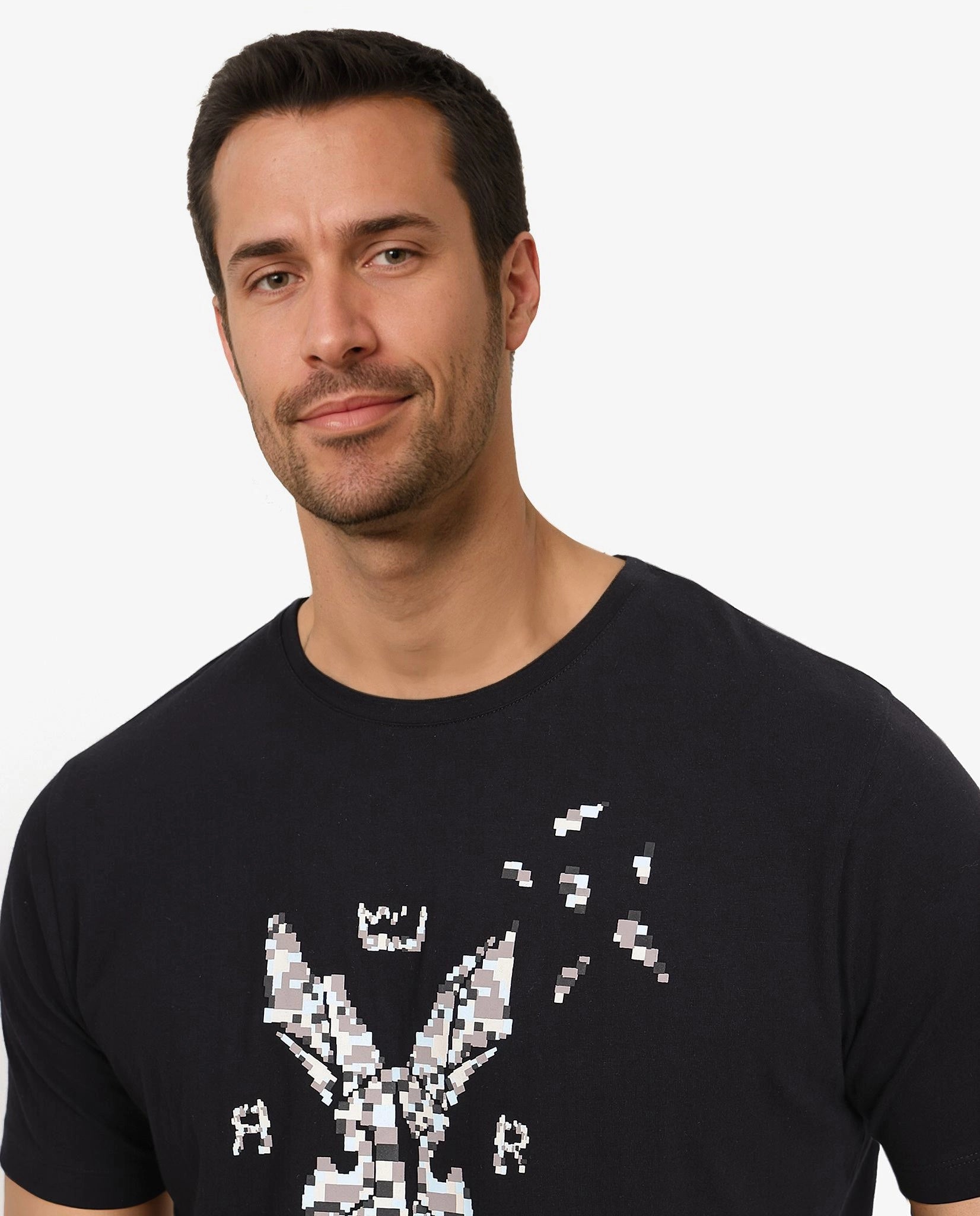 Rare Rabbit Men Conno Black Cotton Lycra Fabric Short Sleeve Crew Neck Regular Fit Graphic Logo Print T-Shirt