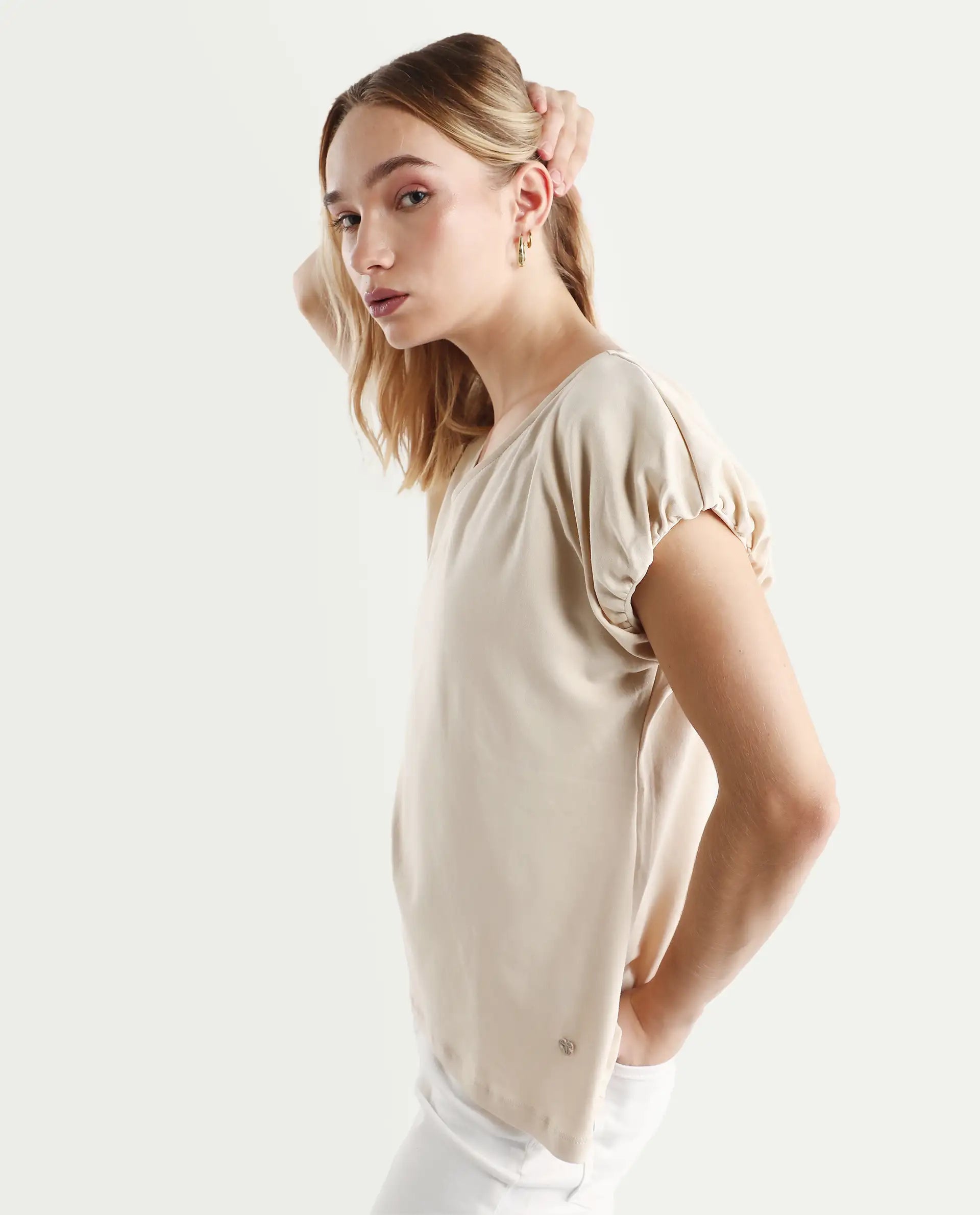 Rareism Women's Conrad Beige Cotton V-Neck Plain Extended Sleeves Regular Fit Top