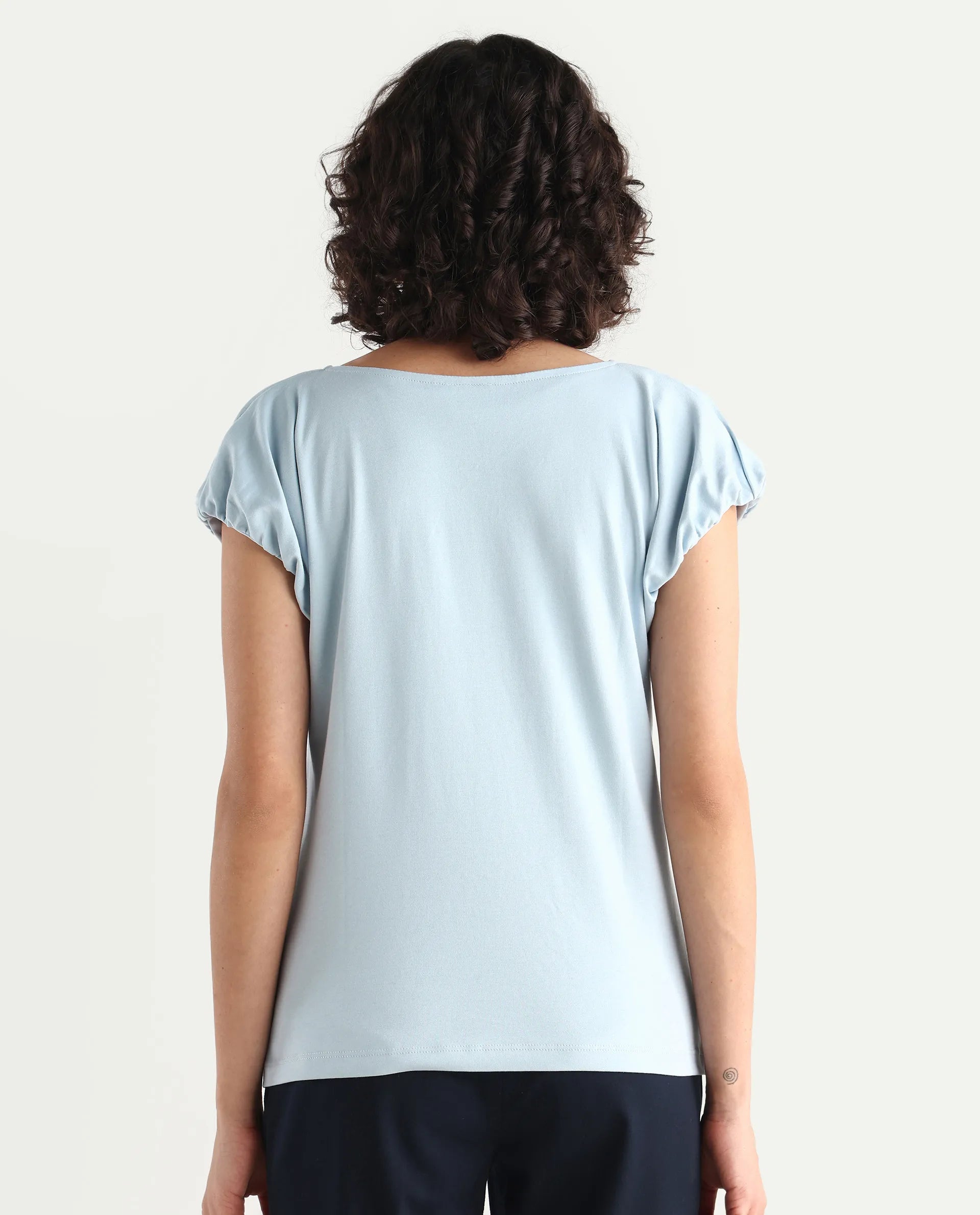 Rareism Women's Conrad Light Blue Cotton V-Neck Plain Extended Sleeves Regular Fit Top