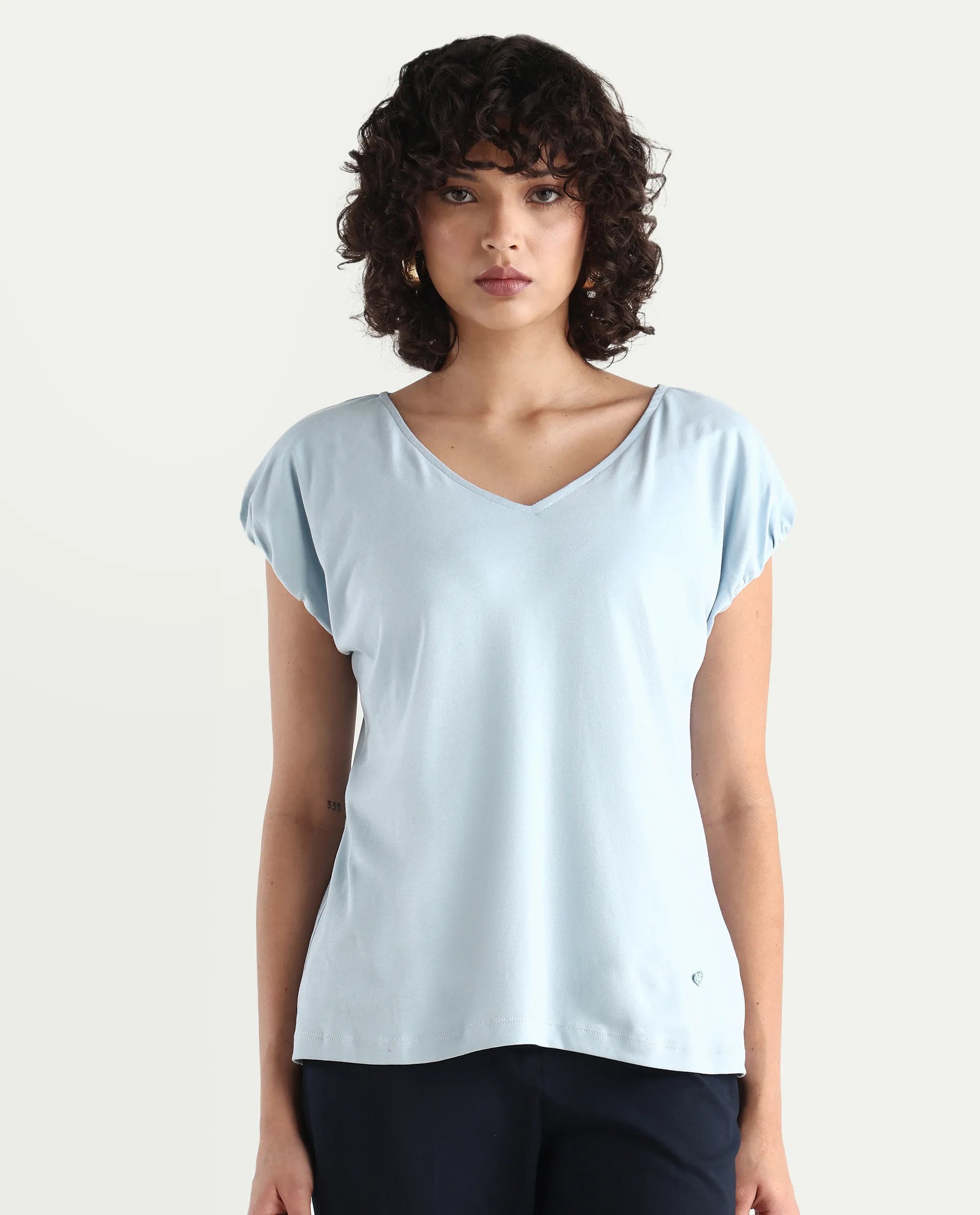 Rareism Women's Conrad Light Blue Cotton V-Neck Plain Extended Sleeves Regular Fit Top