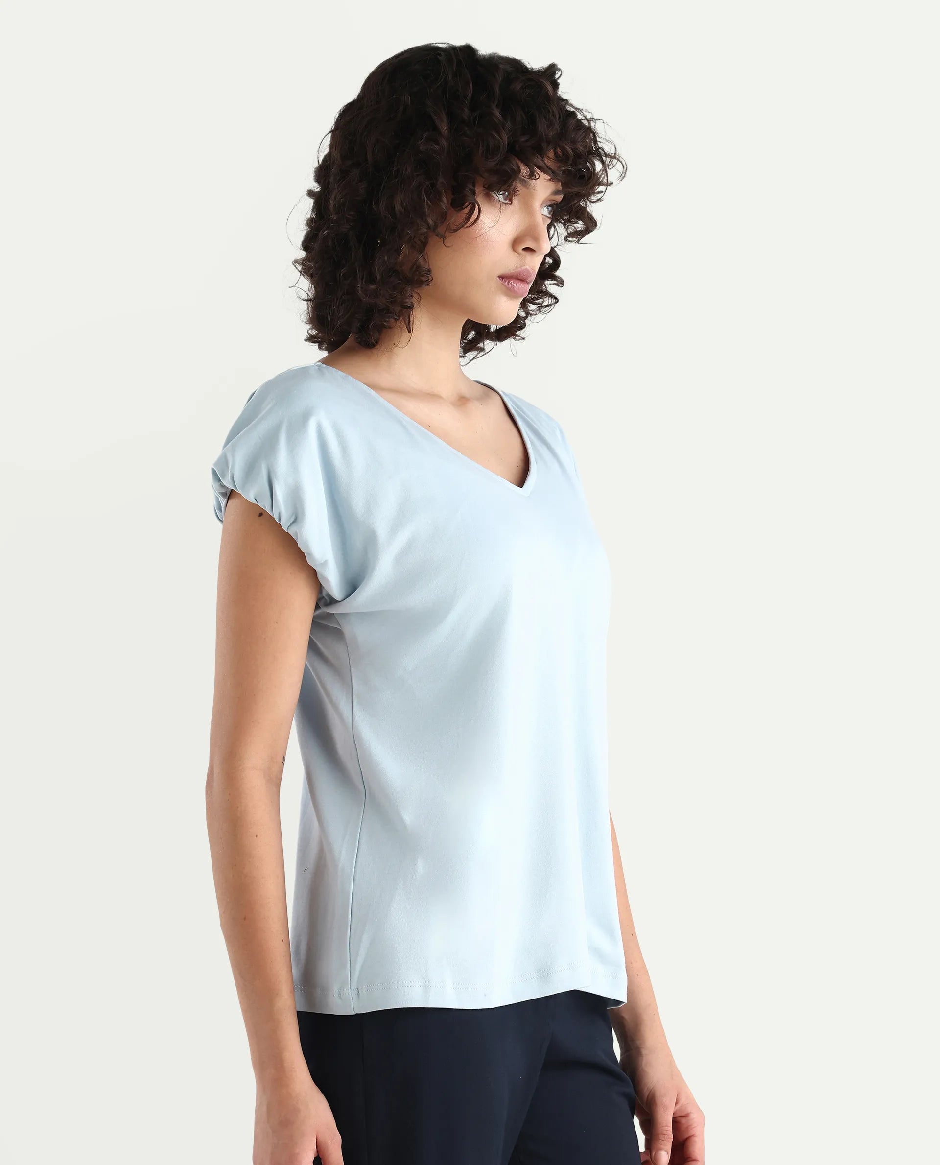Rareism Women's Conrad Light Blue Cotton V-Neck Plain Extended Sleeves Regular Fit Top