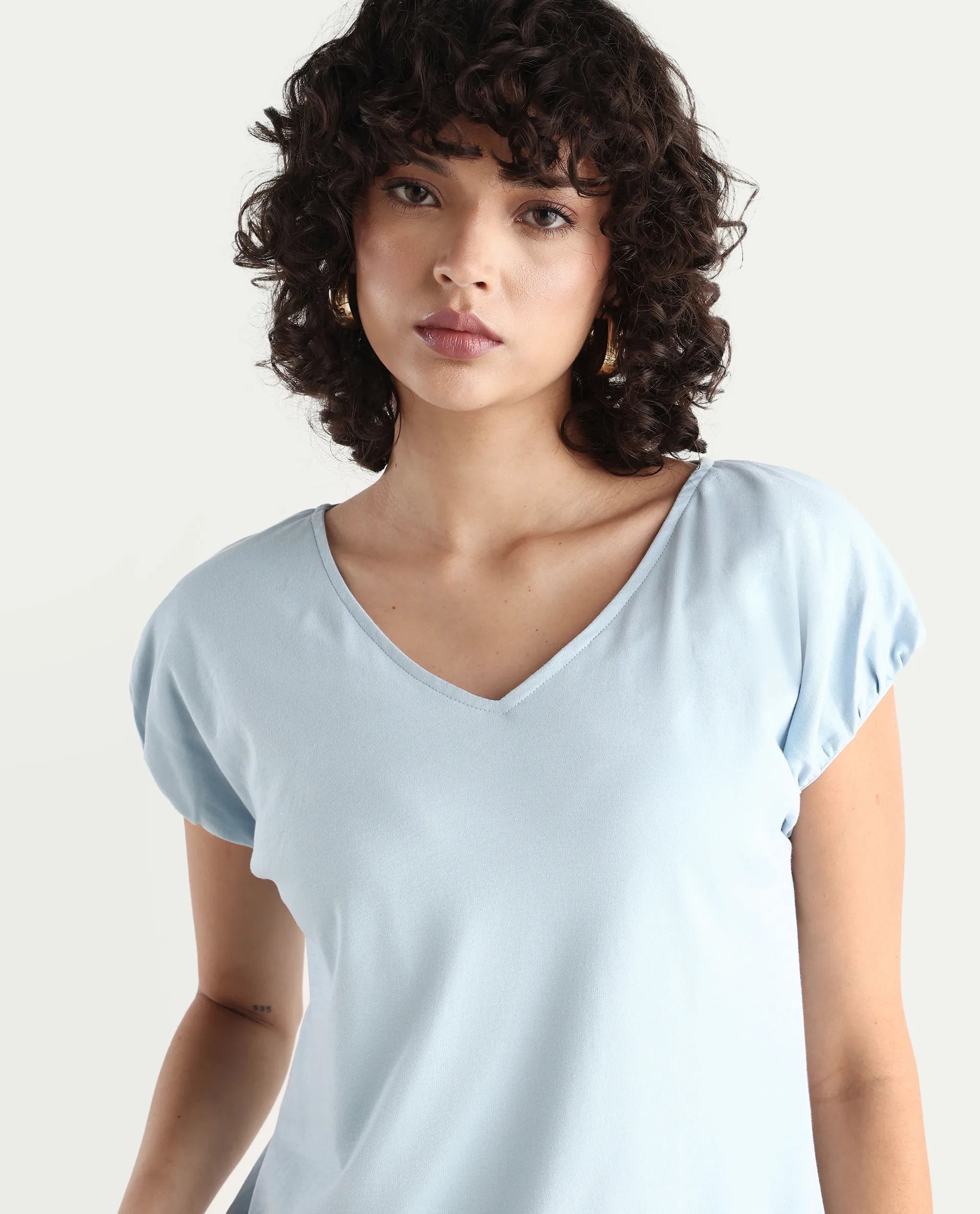 Rareism Women's Conrad Light Blue Cotton V-Neck Plain Extended Sleeves Regular Fit Top