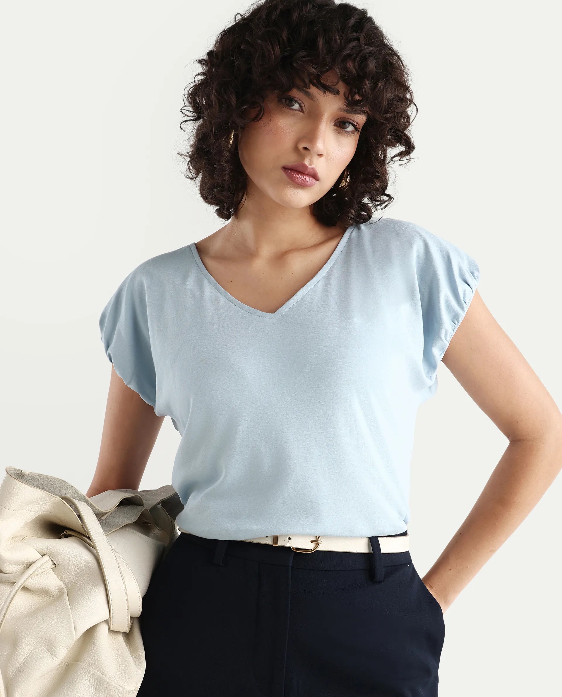 Rareism Women's Conrad Light Blue Cotton V-Neck Plain Extended Sleeves Regular Fit Top