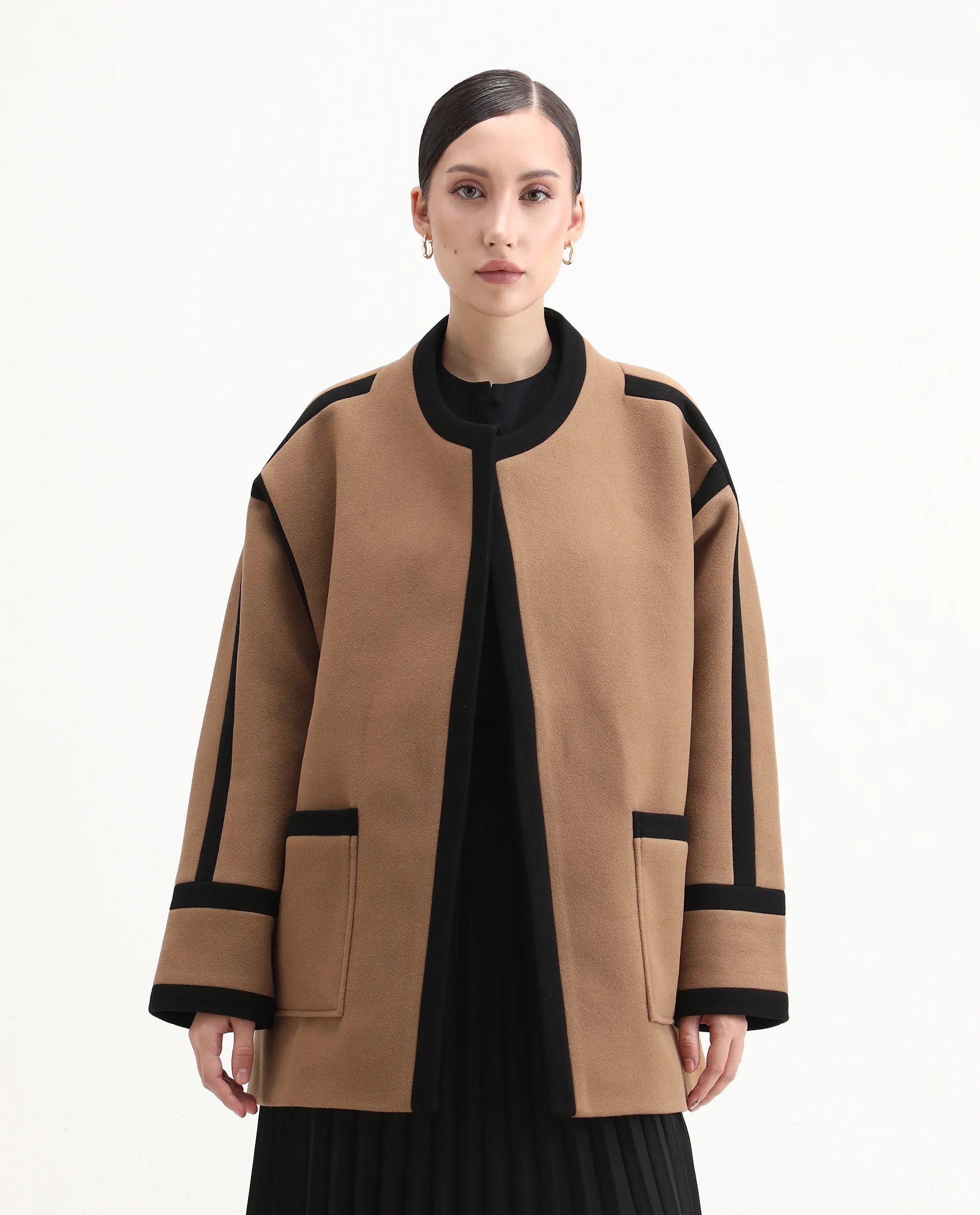 Rareism Women's Contra Tan Polyester Crew Neck Regular Fit Plain Jacket