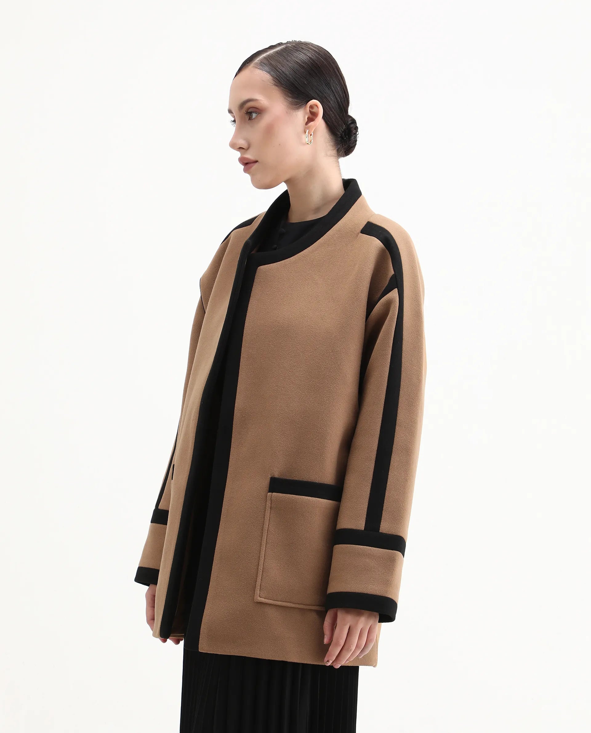 Rareism Women's Contra Tan Polyester Crew Neck Regular Fit Plain Jacket