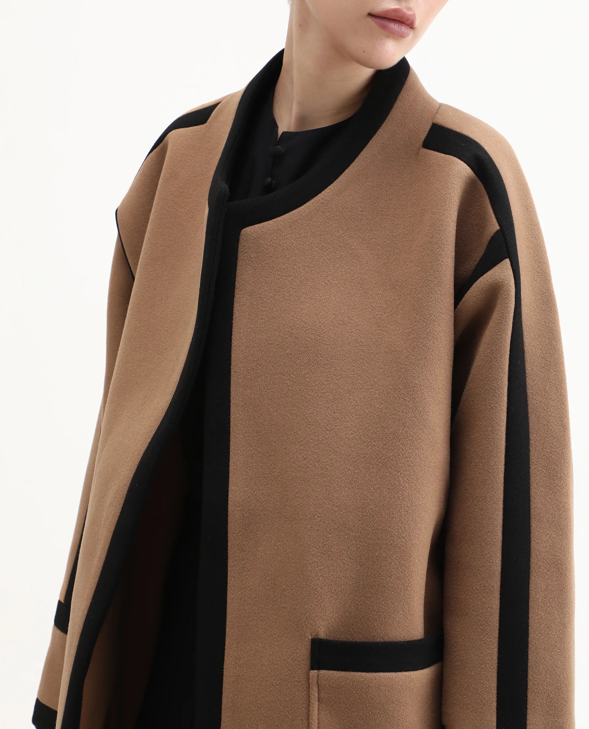 Rareism Women's Contra Tan Polyester Crew Neck Regular Fit Plain Jacket