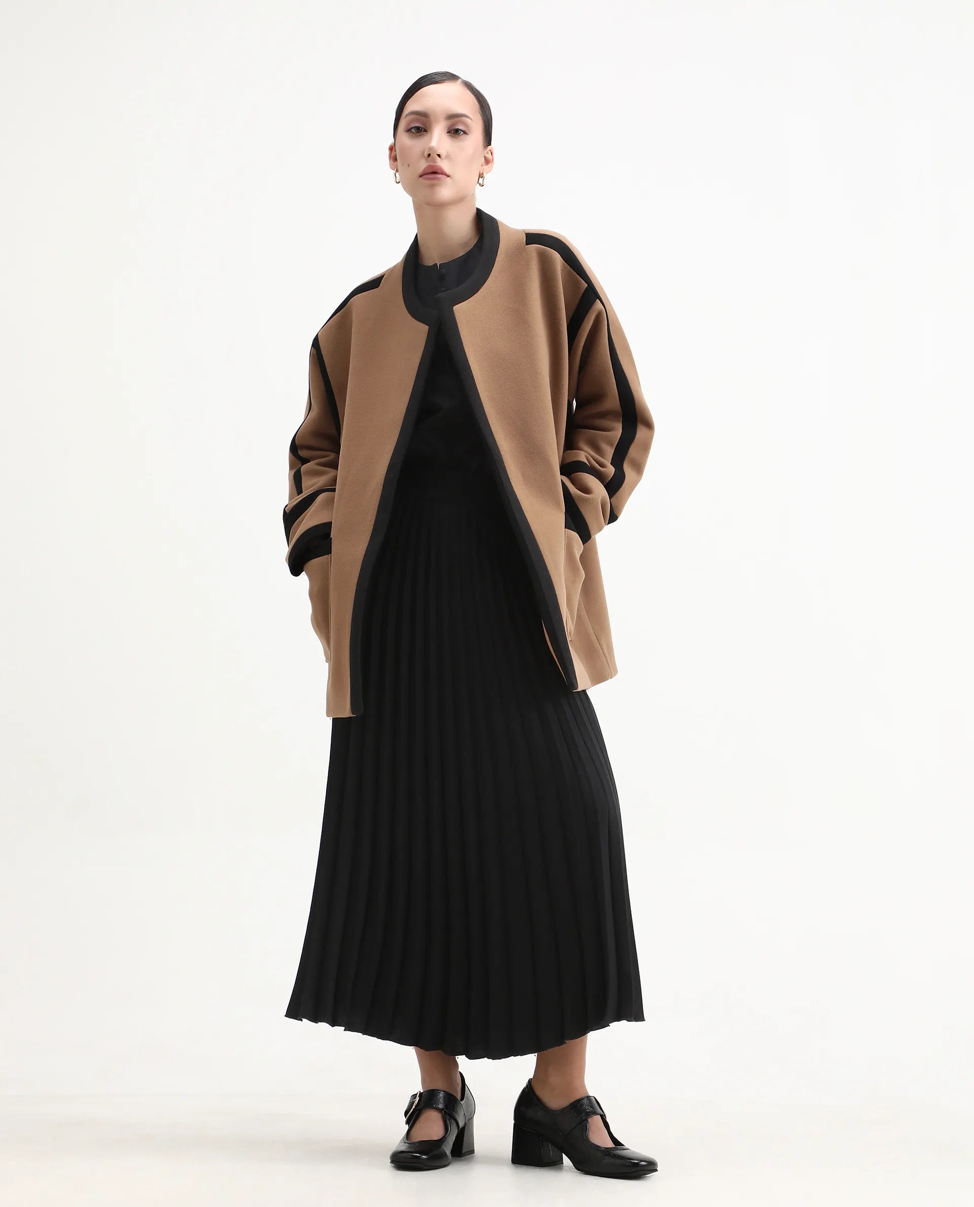 Rareism Women's Contra Tan Polyester Crew Neck Regular Fit Plain Jacket