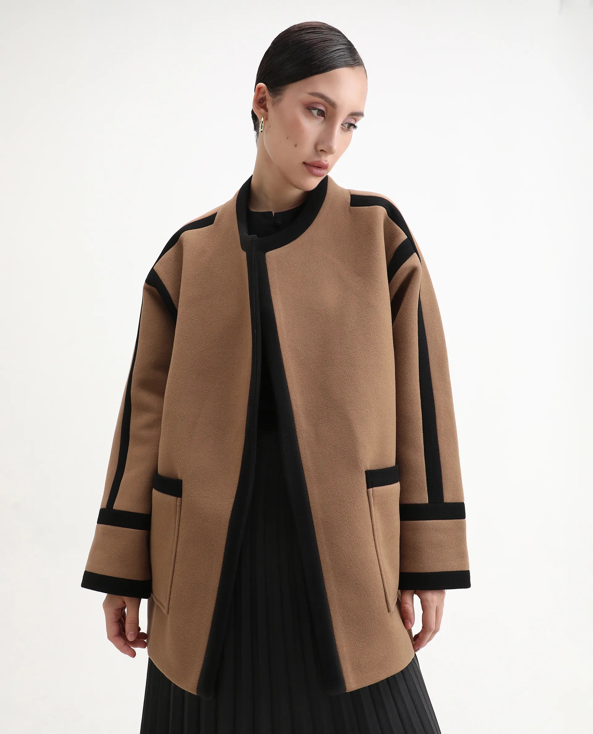 Rareism Women's Contra Tan Polyester Crew Neck Regular Fit Plain Jacket