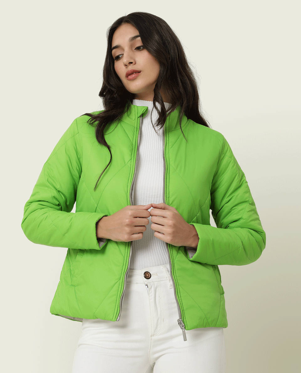 Rareism Women Cora Light Green Polyester Fabric Full Sleeves Solid High Neck Jacket