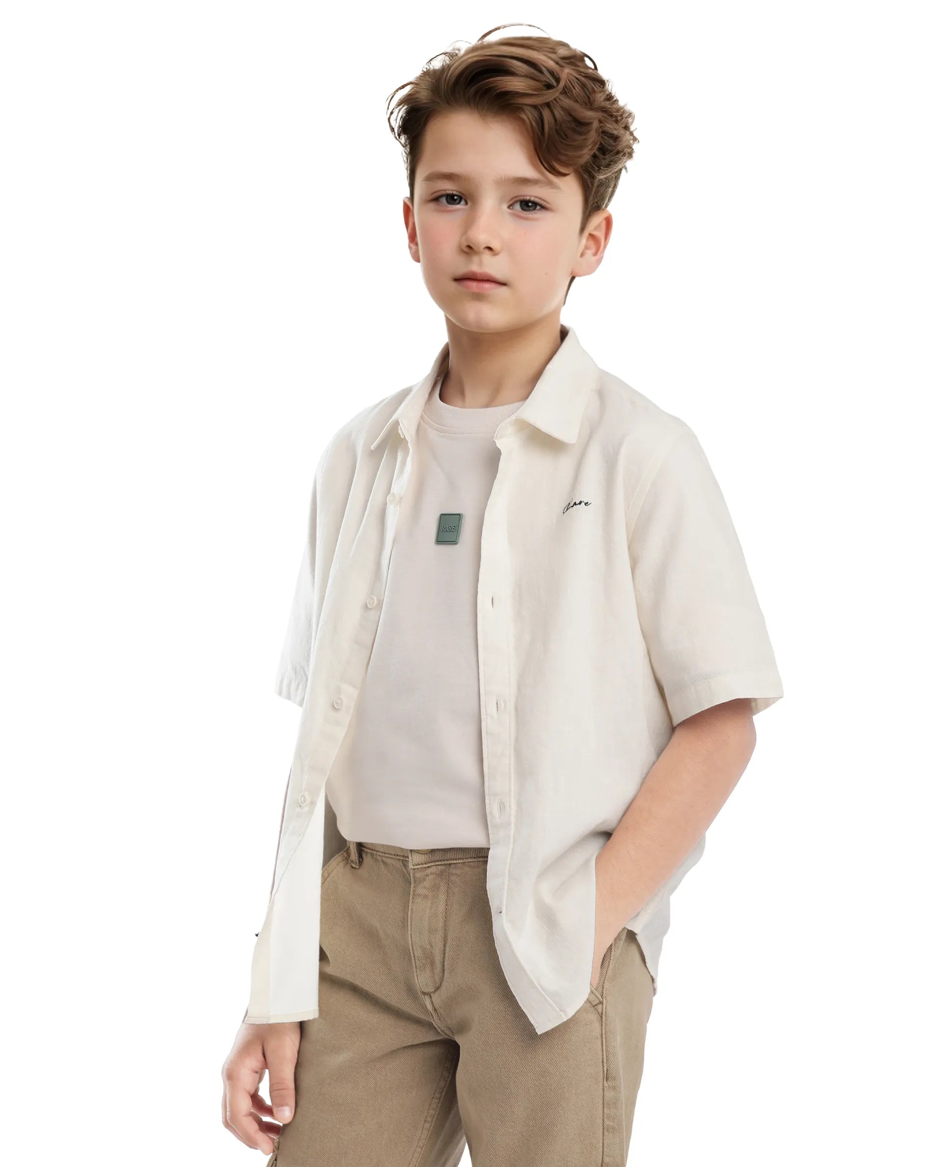 Rare Ones Kids Cora Off White Cotton Half Sleeve Button Embroidered Regular Fit Shirt