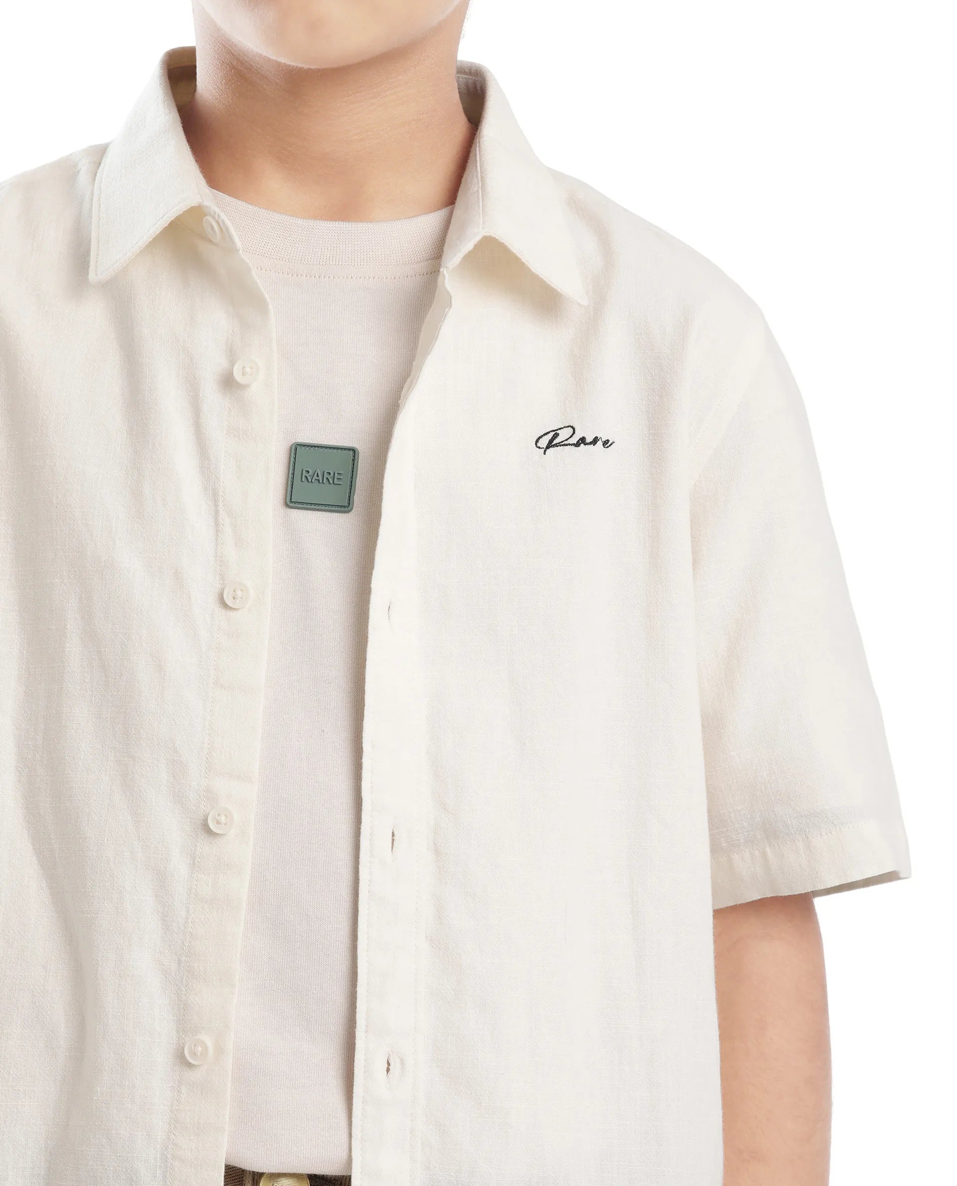 Rare Ones Kids Cora Off White Cotton Half Sleeve Button Embroidered Regular Fit Shirt