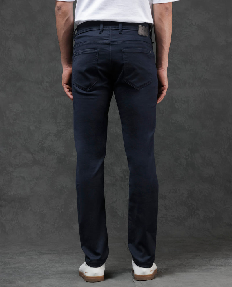 Rare Rabbit Mens Cordon Dark Navy Cotton Polyester Solid Slim Fit Mid Rise Jeans