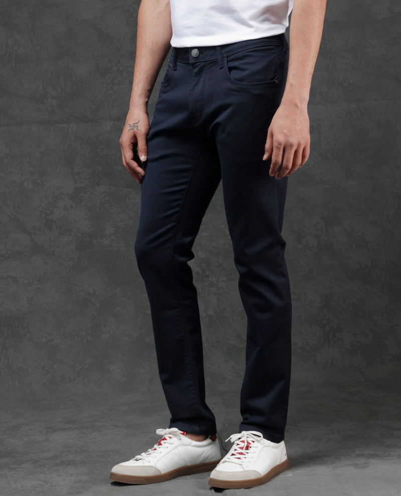 Rare Rabbit Mens Cordon Dark Navy Cotton Polyester Solid Slim Fit Mid Rise Jeans