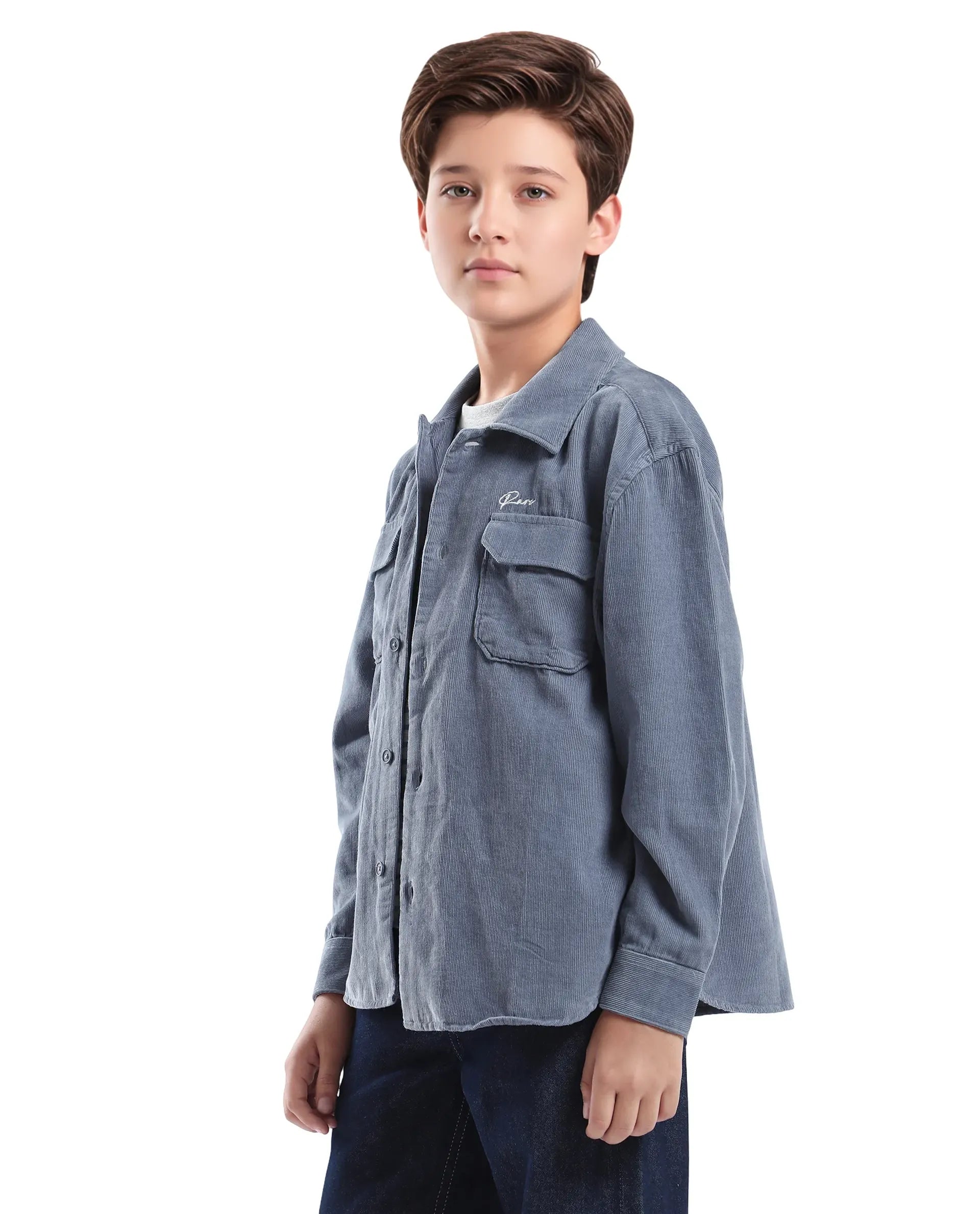 Rare Ones Kids Cord Grey Cotton Full Sleeve Button Embroidered Regular Fit Shirt