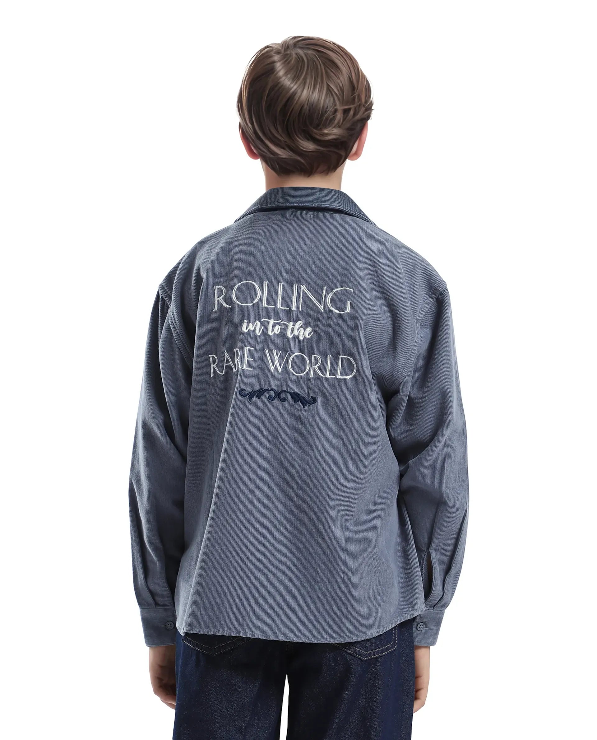Rare Ones Kids Cord Grey Cotton Full Sleeve Button Embroidered Regular Fit Shirt