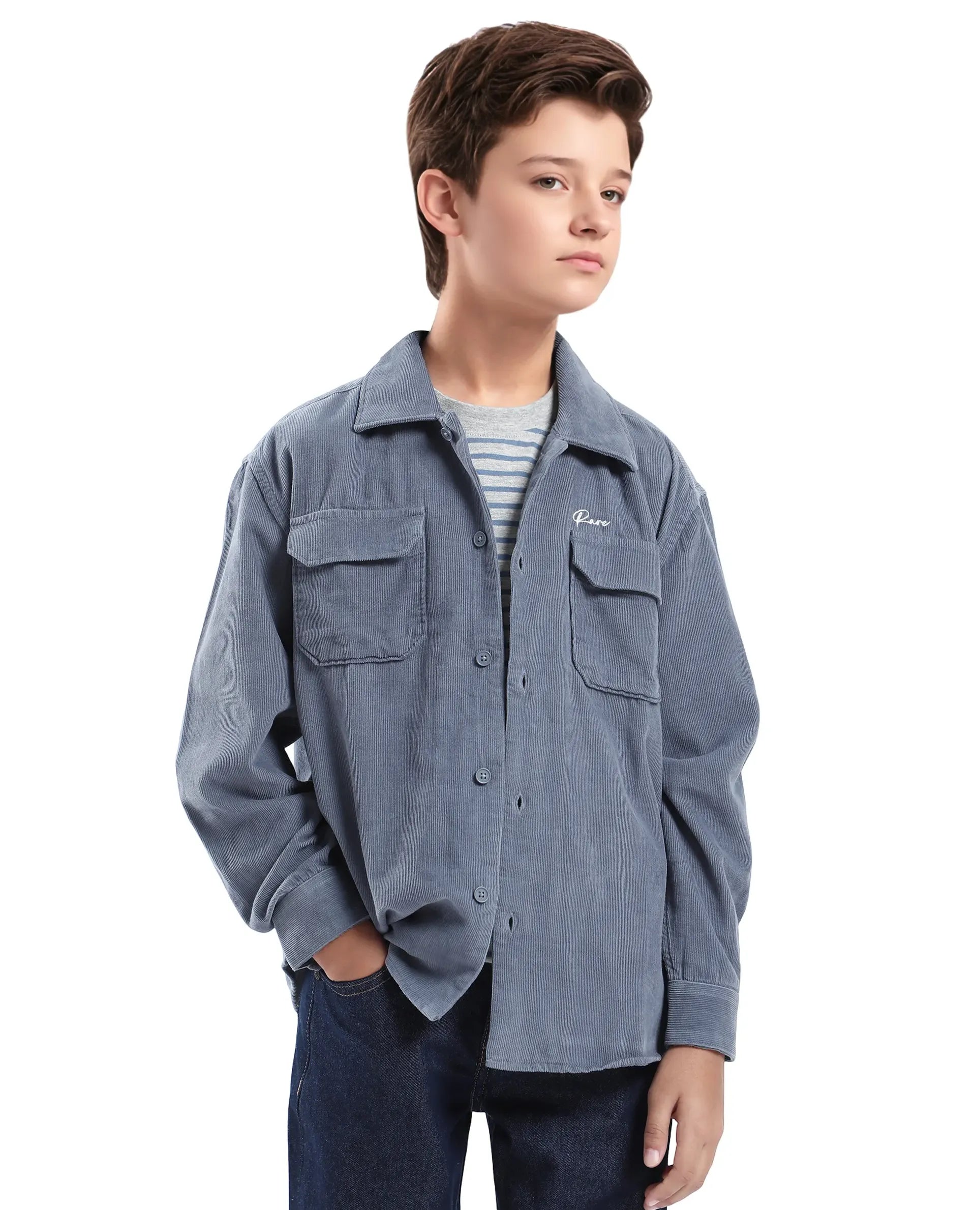 Rare Ones Kids Cord Grey Cotton Full Sleeve Button Embroidered Regular Fit Shirt