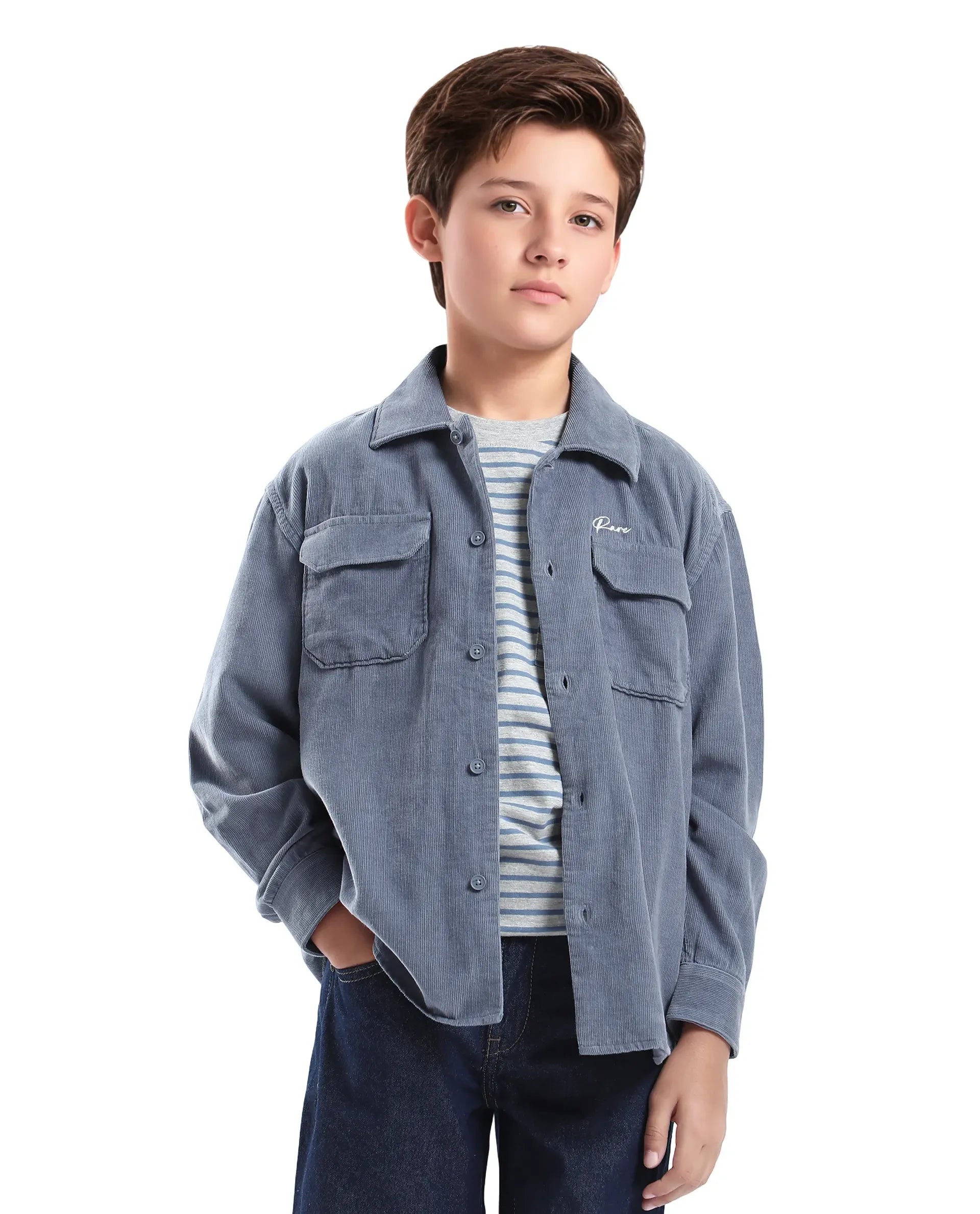 Rare Ones Kids Cord Grey Cotton Full Sleeve Button Embroidered Regular Fit Shirt