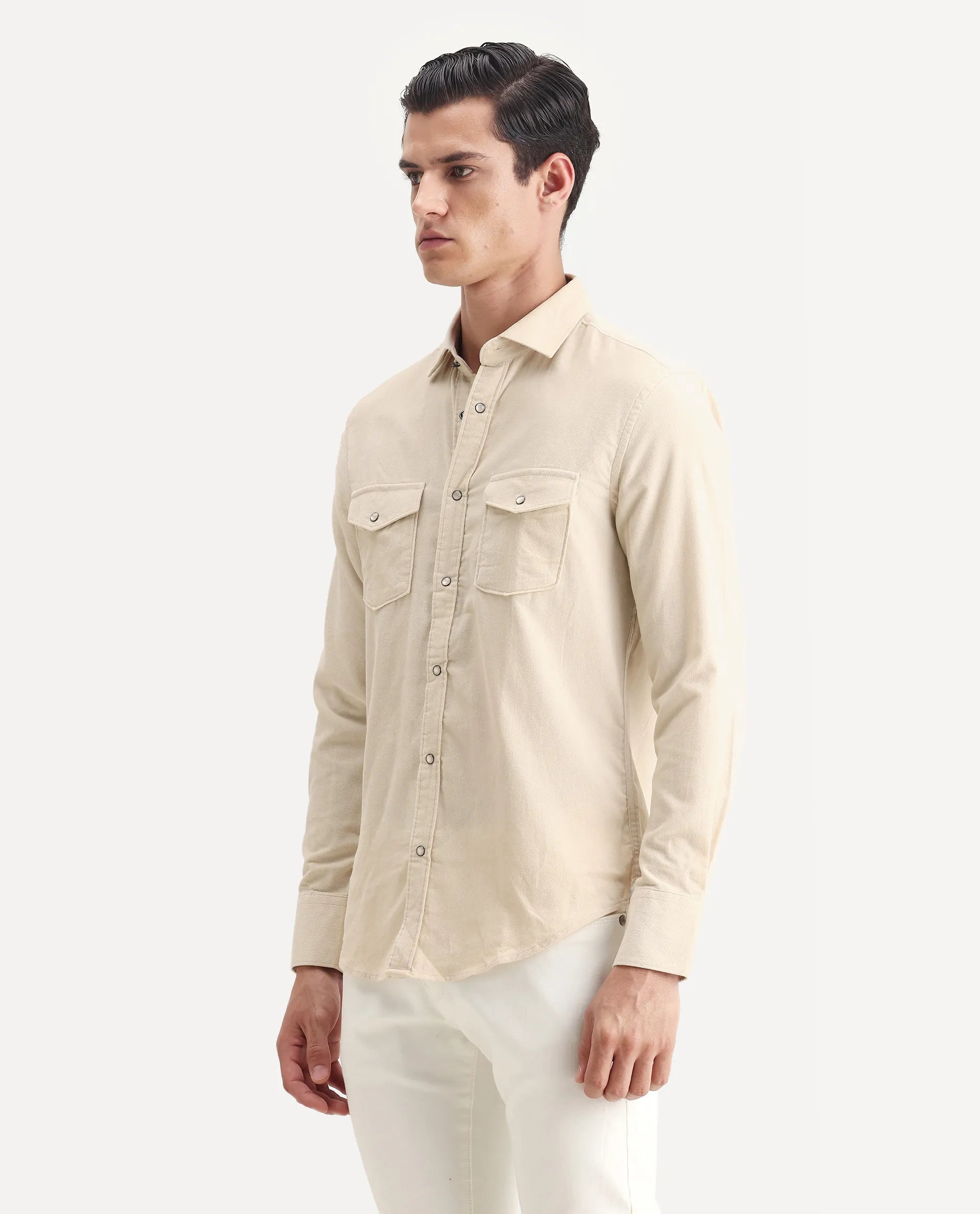 Rare Rabbit Men's Cordin-2 Beige Cotton Plain Regular Fit Full Sleeve Collared Shirt