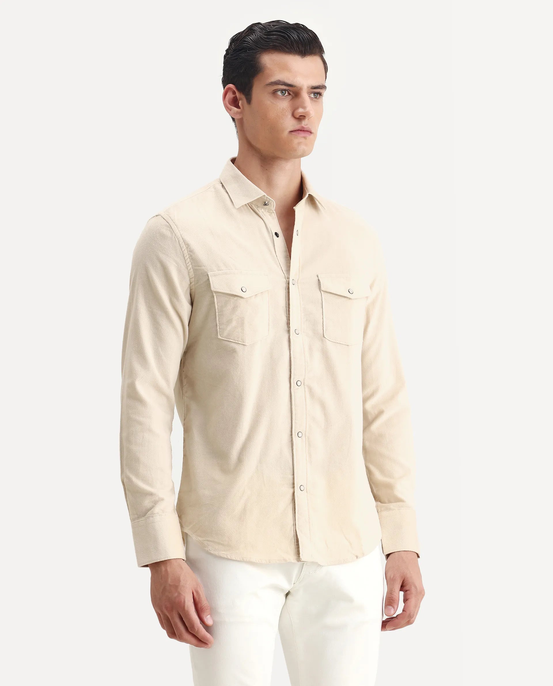 Rare Rabbit Men's Cordin-2 Beige Cotton Plain Regular Fit Full Sleeve Collared Shirt