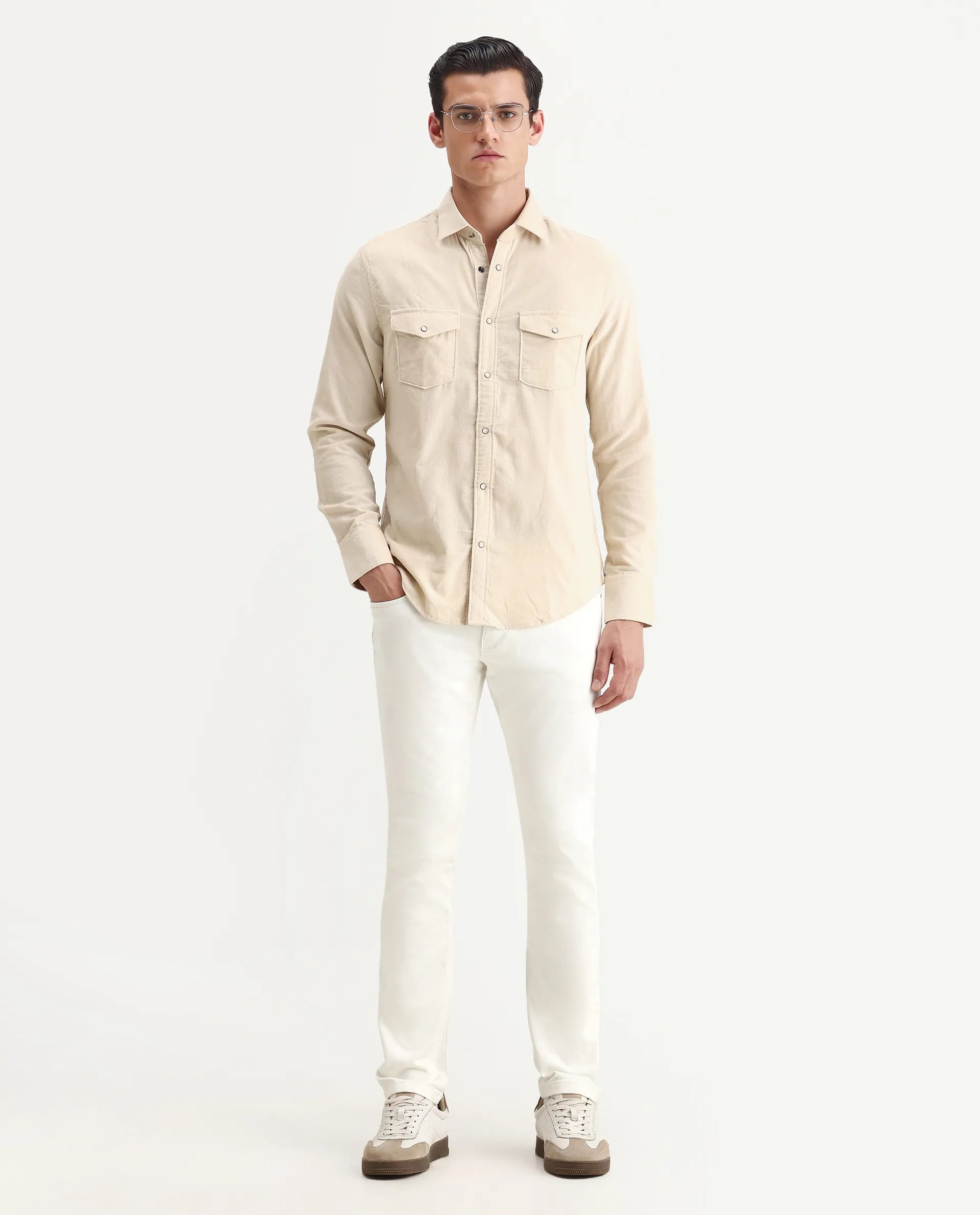 Rare Rabbit Men's Cordin-2 Beige Cotton Plain Regular Fit Full Sleeve Collared Shirt