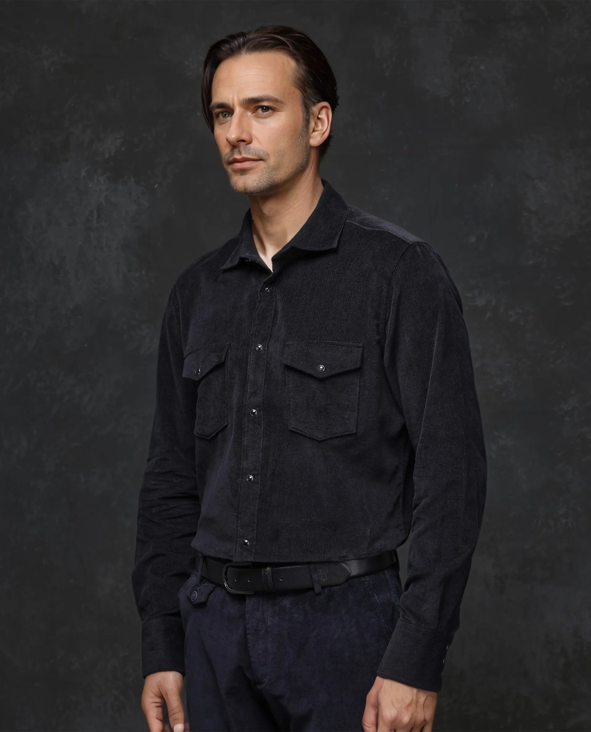 Rare Rabbit Men Cordin-2 Black Full Sleeve Regular Collared Button Closure Double Pocketed Regular Fit Velveteen Shirt