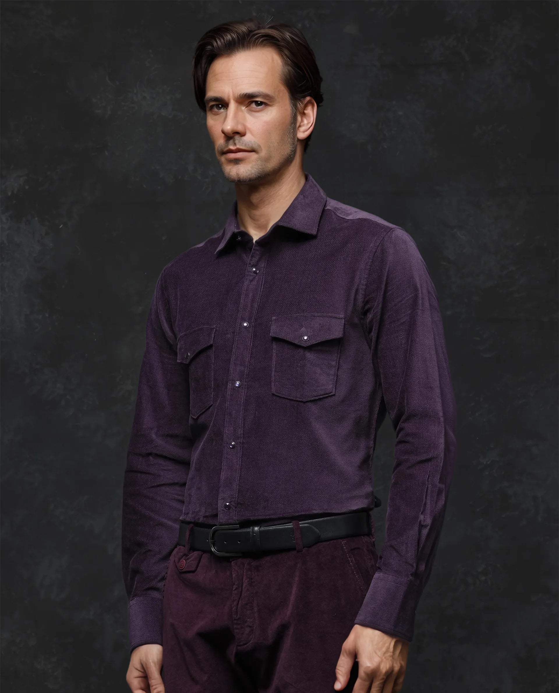 Rare Rabbit Men Cordin-2 Dusky Purple Full Sleeve Regular Collared Button Closure Double Pocketed Regular Fit Velveteen Shirt