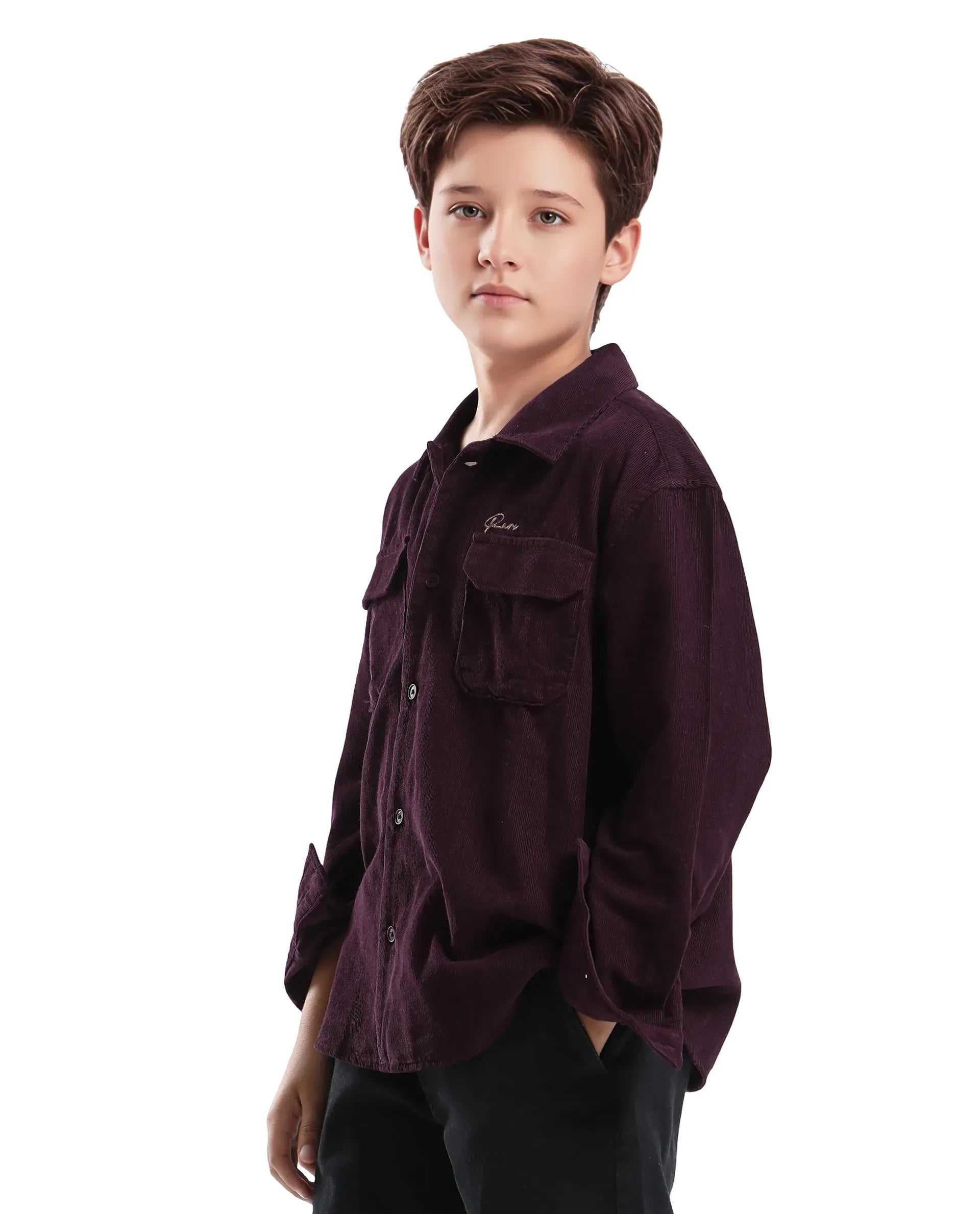 Rare Ones Kids Cord Maroon Cotton Full Sleeve Button Embroidered Regular Fit Shirt