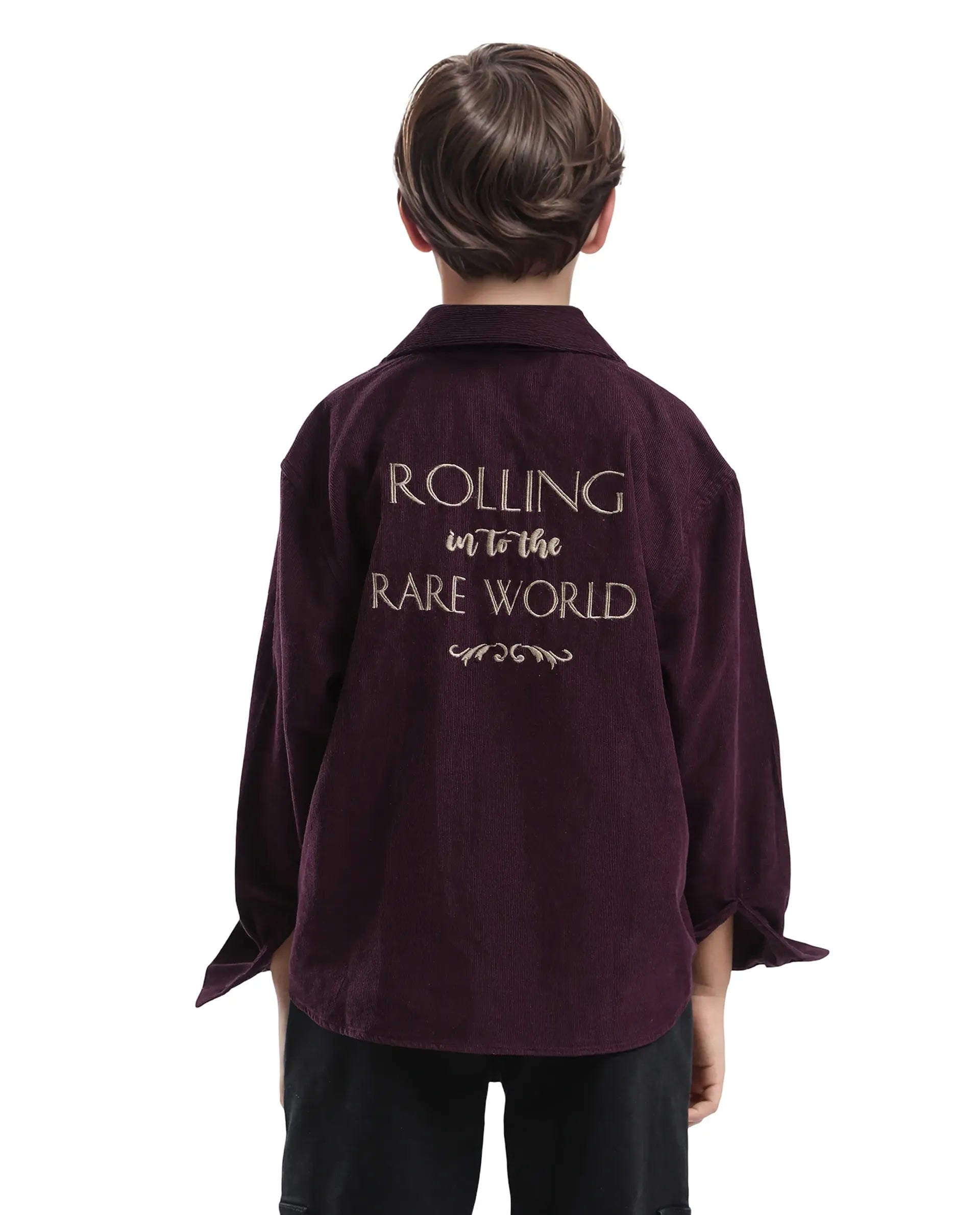 Rare Ones Kids Cord Maroon Cotton Full Sleeve Button Embroidered Regular Fit Shirt