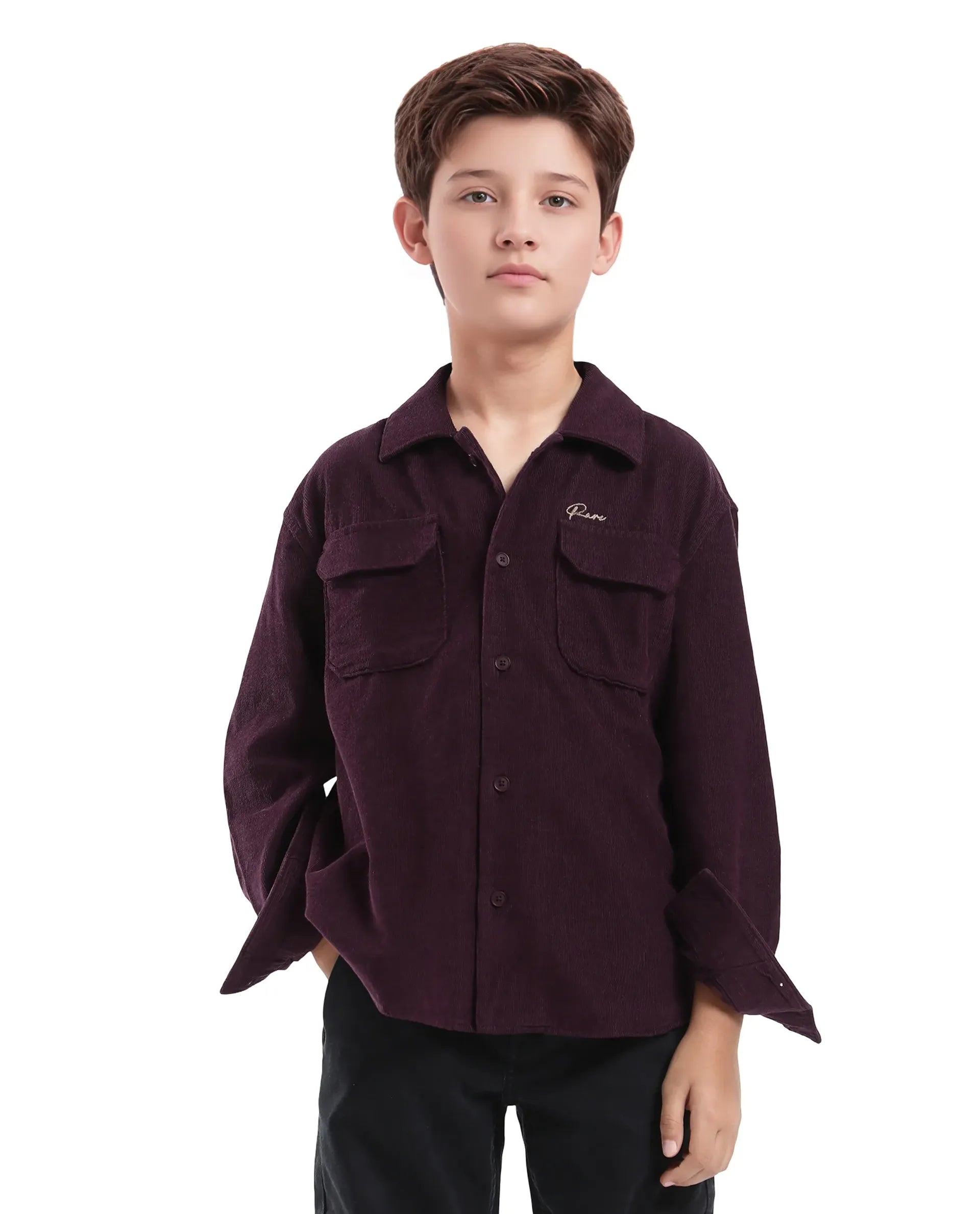 Rare Ones Kids Cord Maroon Cotton Full Sleeve Button Embroidered Regular Fit Shirt