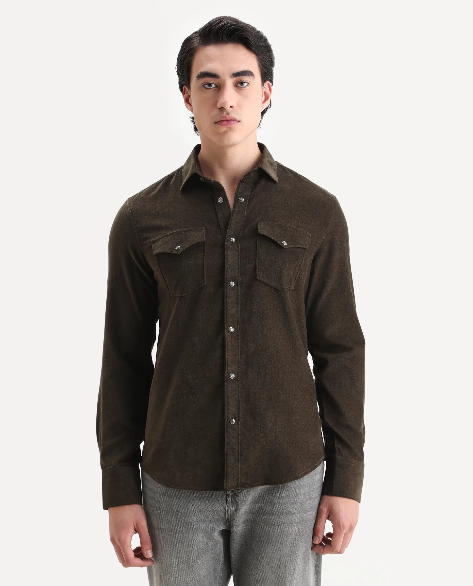 Rare Rabbit Men's Cord Olive Cotton Fabric Collared Neck Regular Fit Plain Shirt