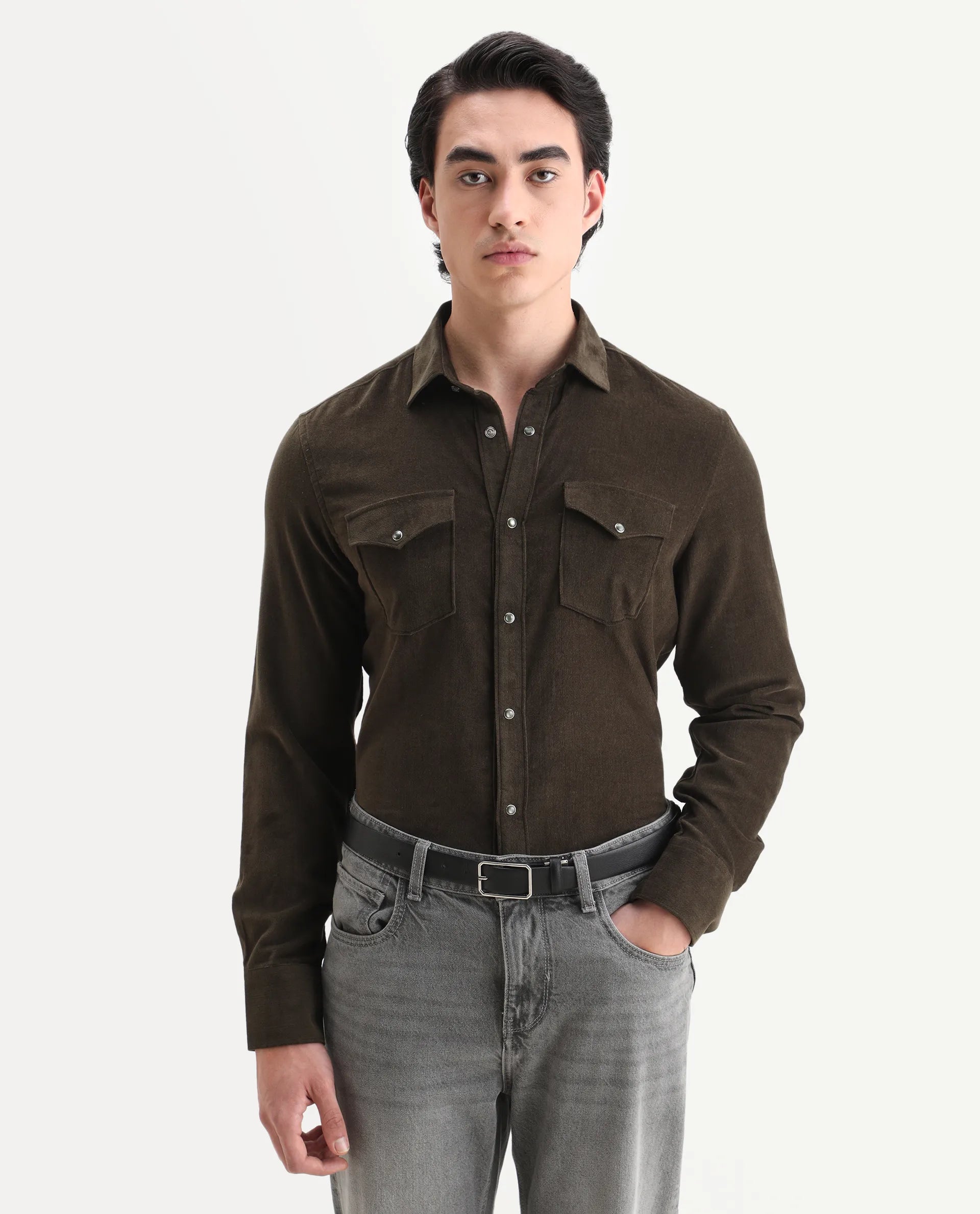 Rare Rabbit Men's Cord Olive Cotton Fabric Collared Neck Regular Fit Plain Shirt